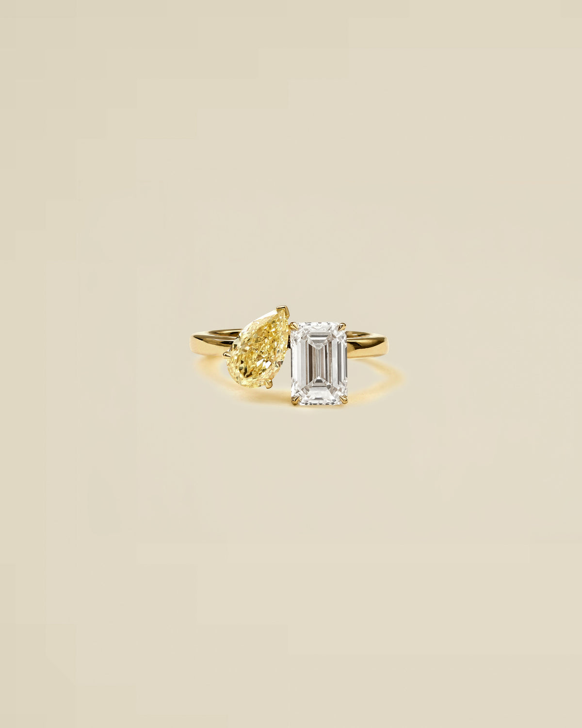 The Reserve 1 Carat Fancy Yellow Pear and 1.5 Carat Emerald Cut Diamond with Cigar Band Cuff Ring