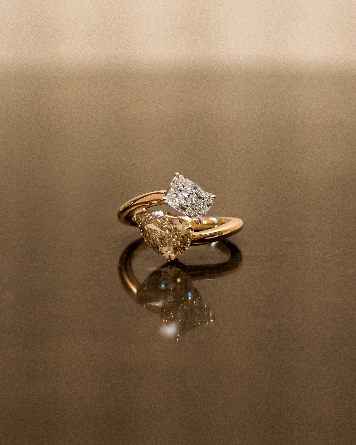 The Reserve 2 Carats Cognac Pear and 1 Carat Radiant Cut Diamond Cuff Twist Ring
