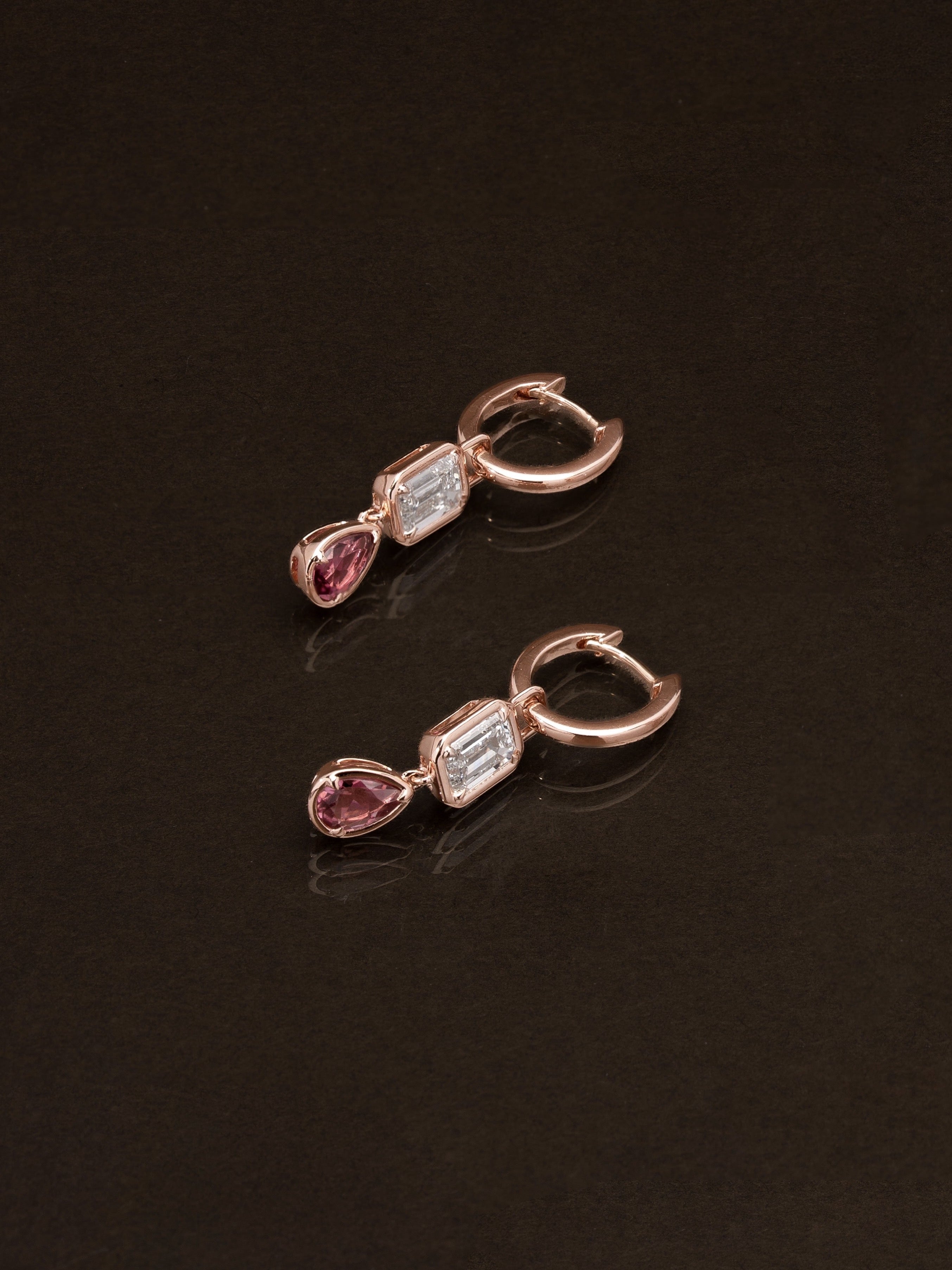 The Reserve II 40 Pointer Natural Pink Tourmaline Pear Cut Bezel Huggie Earrings