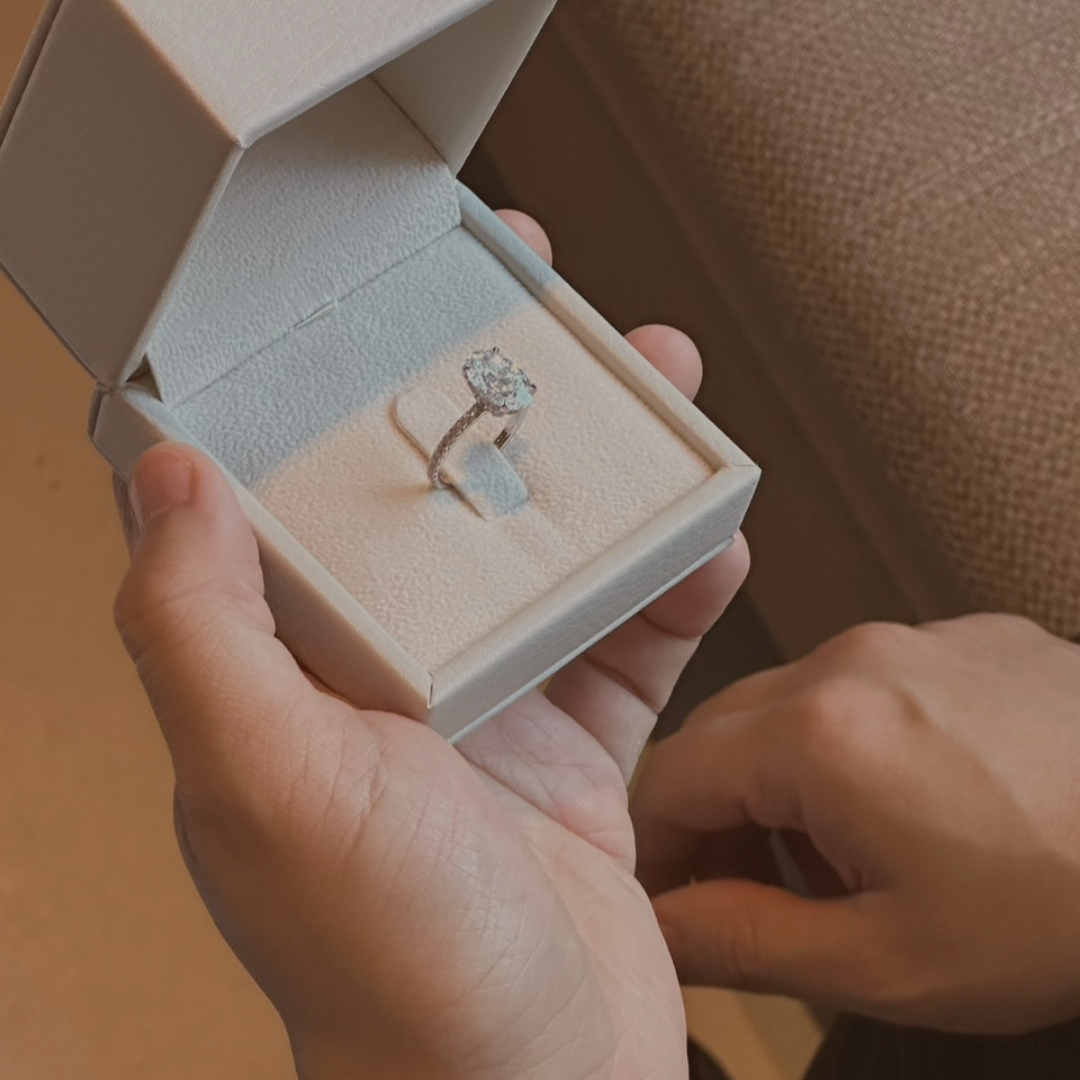 Lab grown diamond ring in an open jewelry box