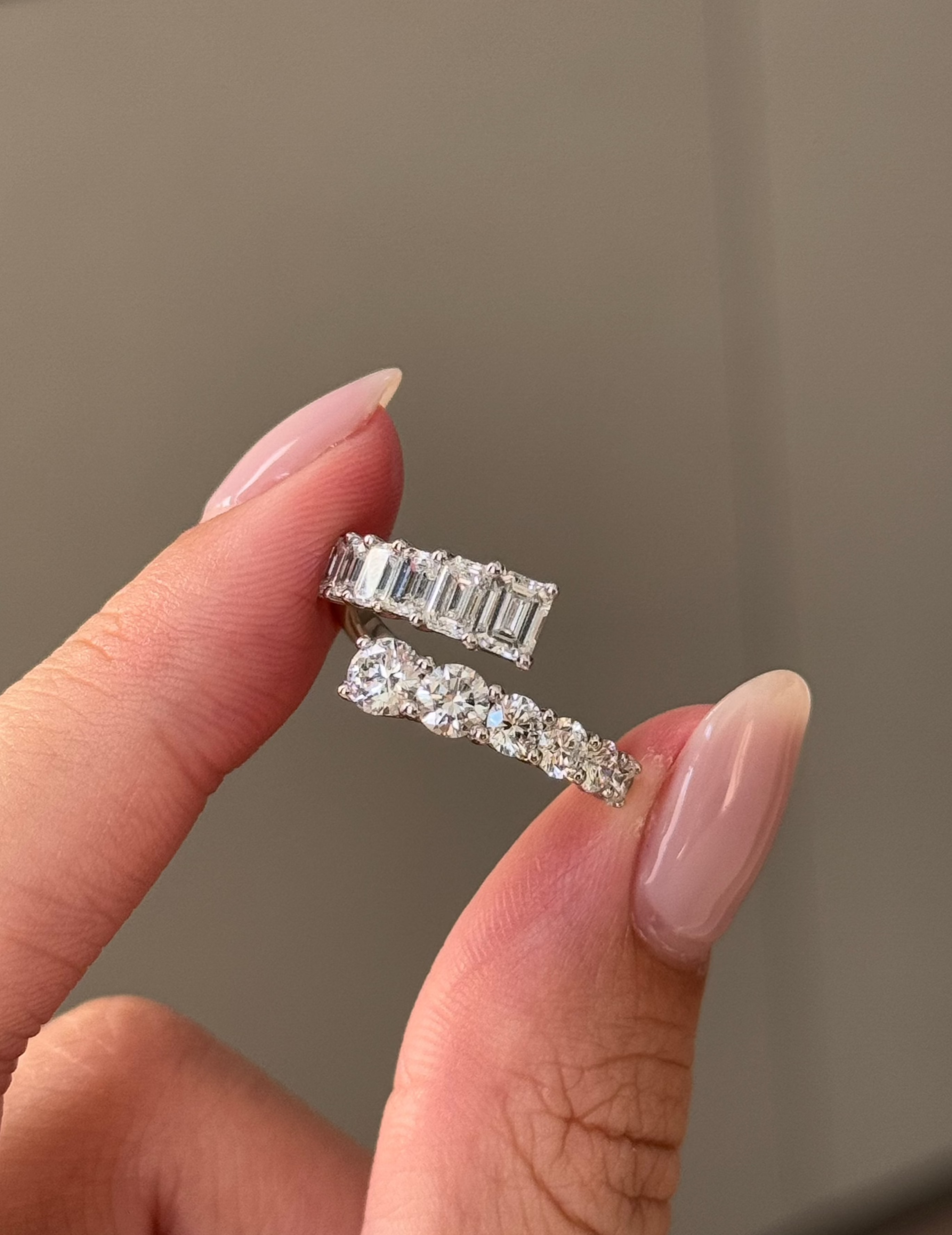 Round and Emerald Cut Diamond Graduated Open Ring