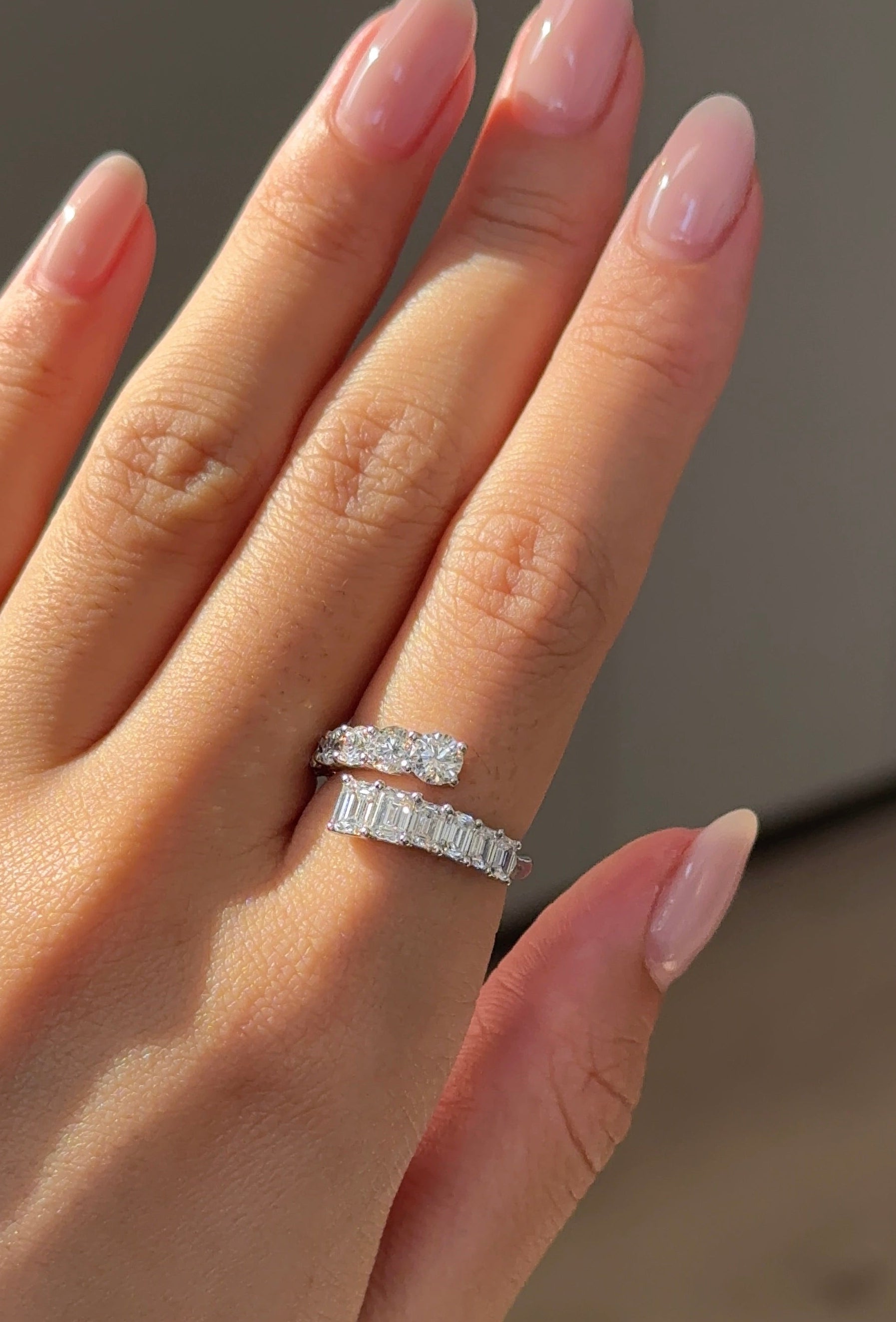 Round and Emerald Cut Diamond Graduated Open Ring