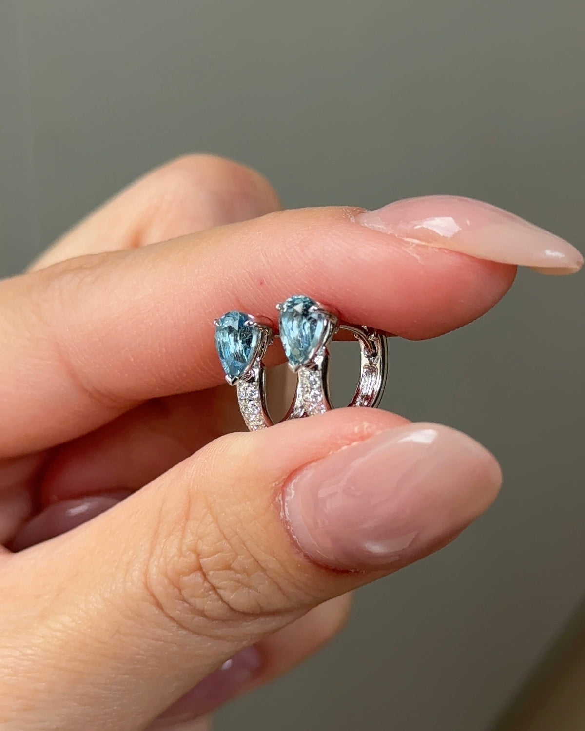 40-50 Pointer Natural Santa Maria Aquamarine Pear Cut Glitter Pave Huggie Earrings