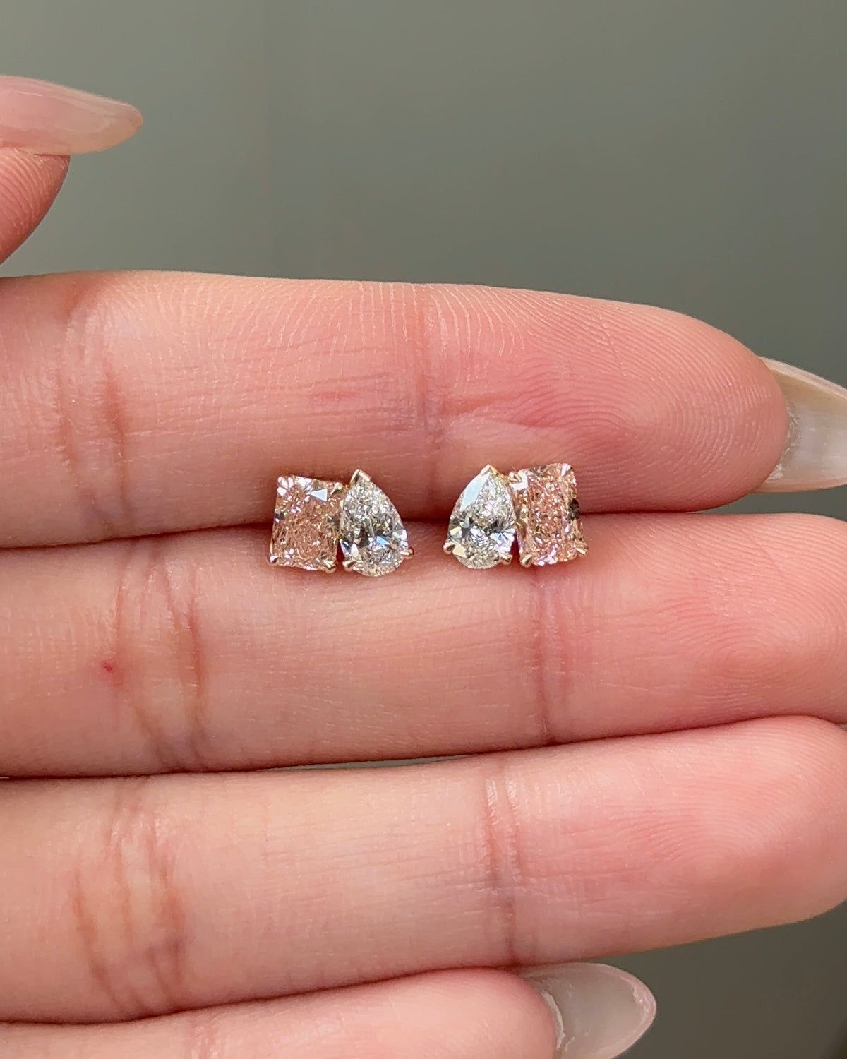 50-60 Pointer Radiant Cut Pink Diamond & 50 Pointer Pear Cut Diamond Toi Et Moi Earrings