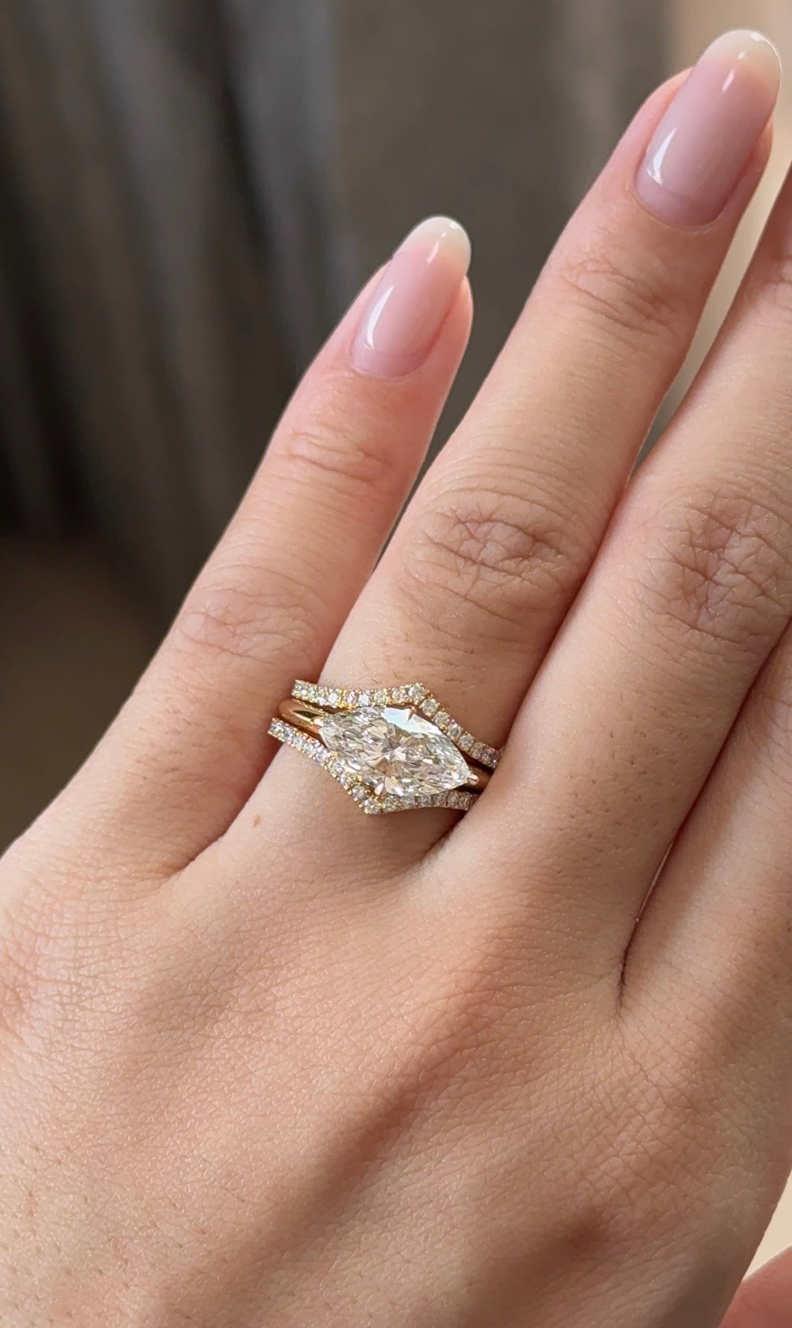 2 carats Marquise cut Diamond Ring in East West Setting with Double Pave Band Stack