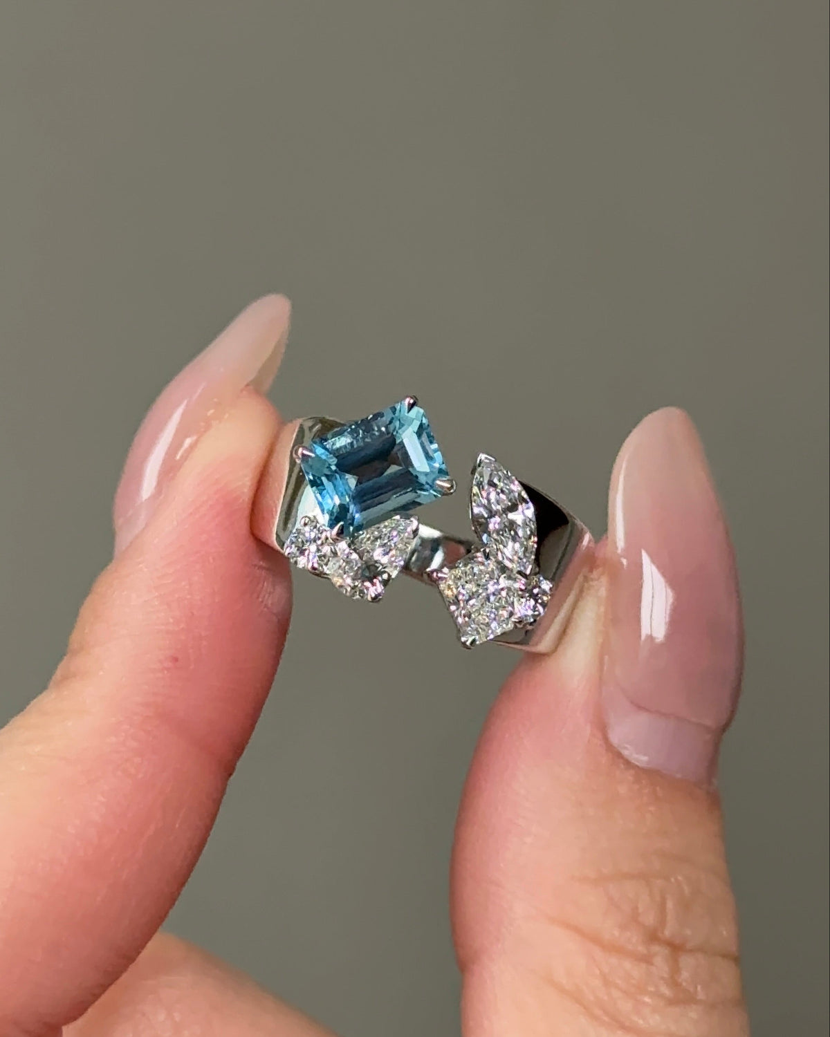 1-1.5 carat Natural Santa Maria Aquamarine Mixed Fancy Cut with Cigar Band Cuff Ring