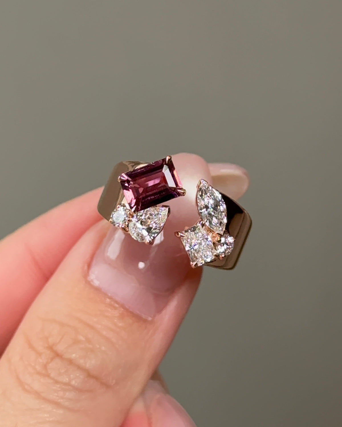 The Reserve II 80 Pointer Natural Pink Tourmaline Emerald Cut with Mixed Fancy Diamond Cigar Band Cuff Ring