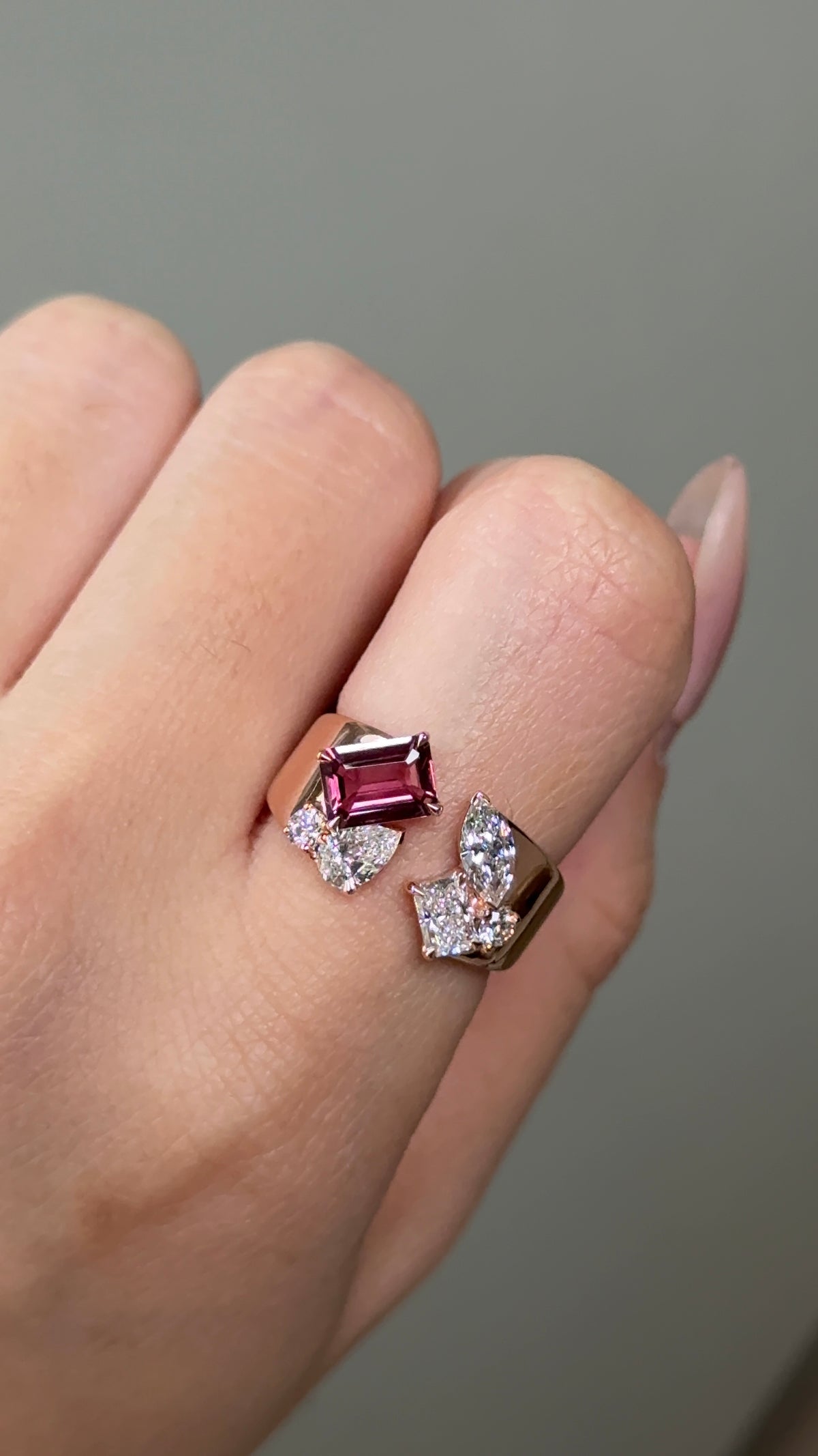 The Reserve II 80 Pointer Natural Pink Tourmaline Emerald Cut with Mixed Fancy Diamond Cigar Band Cuff Ring