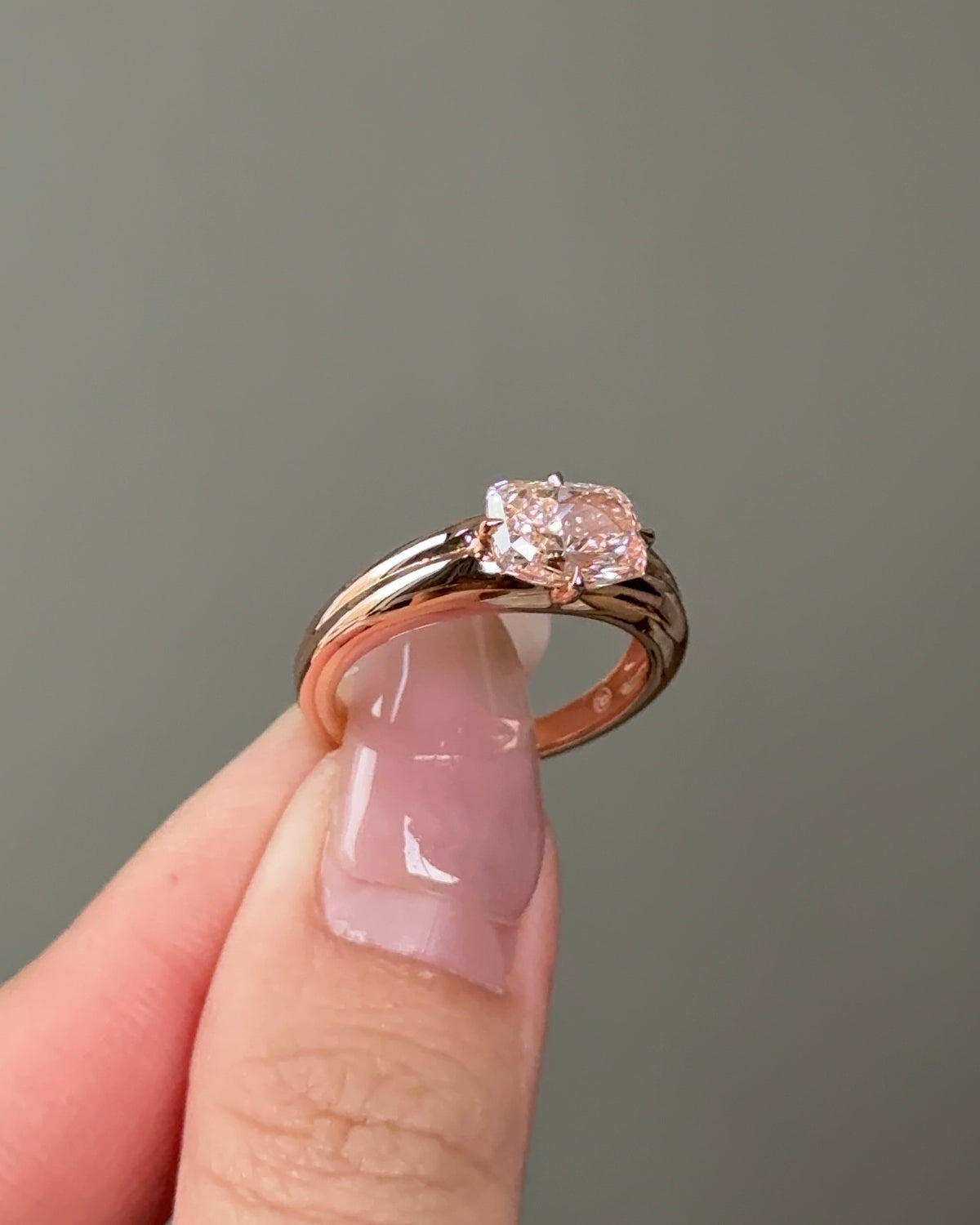 1.95 carats Fancy Vivid Pink Cushion Cut Diamond Compass Setting Tapered Band Solitaire Ring