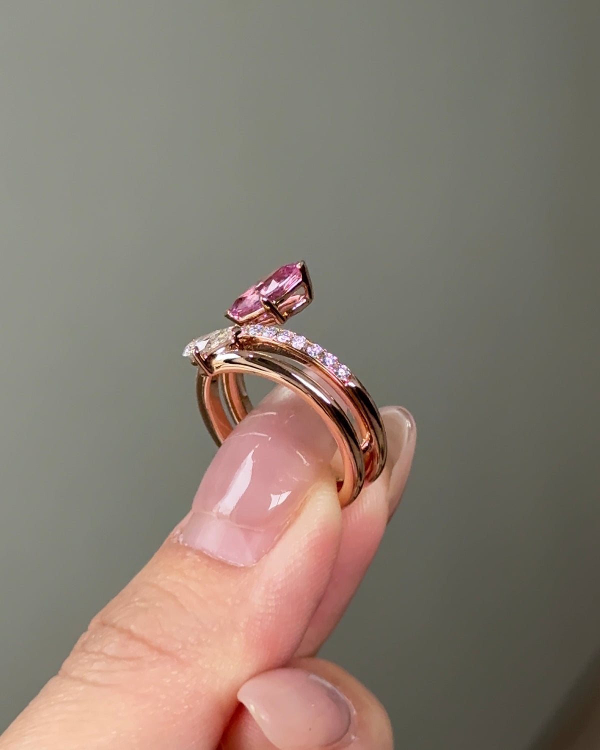 SD Signature 1 carat Natural Pink Sapphire Marquise and 30 Pointer Pear Cut Diamond Pave Band Cuff Twist Ring