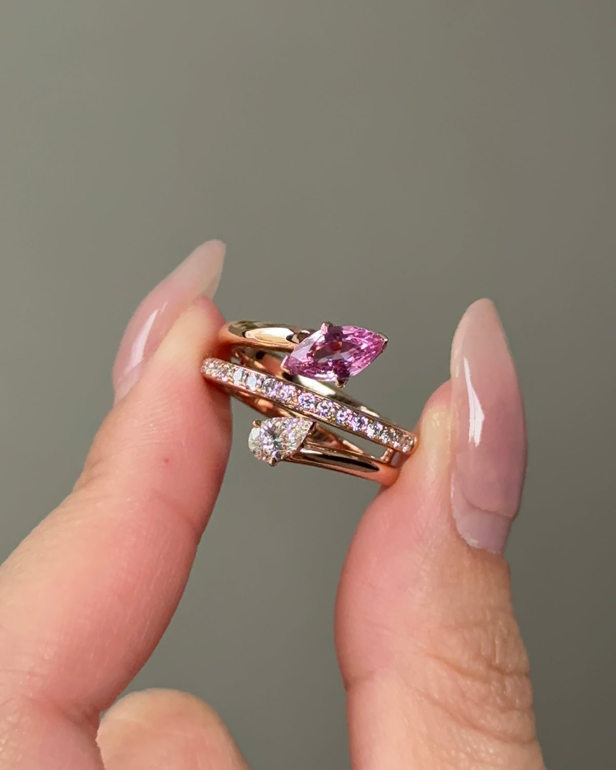 SD Signature 1 carat Natural Pink Sapphire Marquise and 30 Pointer Pear Cut Diamond Pave Band Cuff Twist Ring