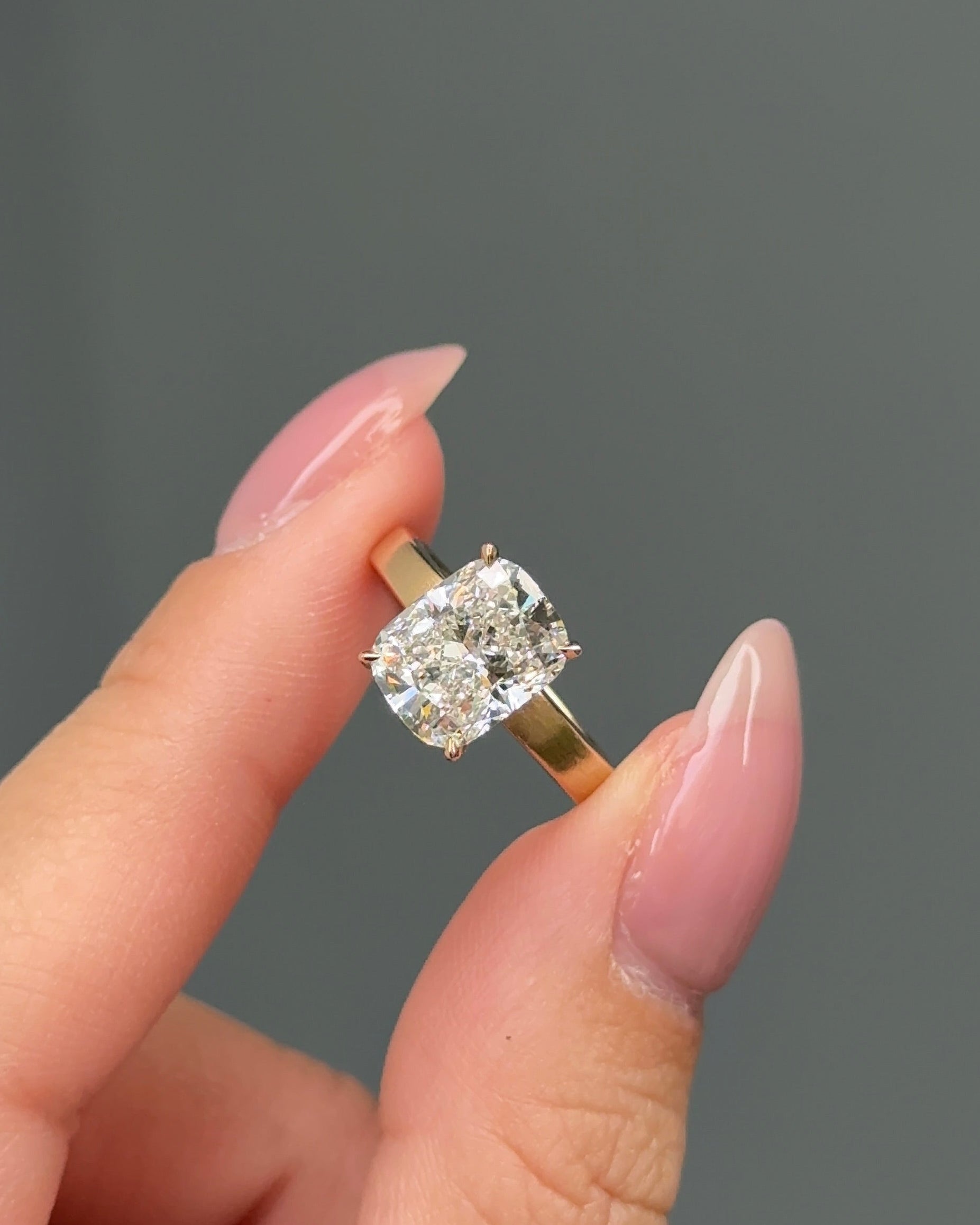 3 carats Cushion Cut Diamond with Hidden Halo and Cigar Band in Yellow Gold
