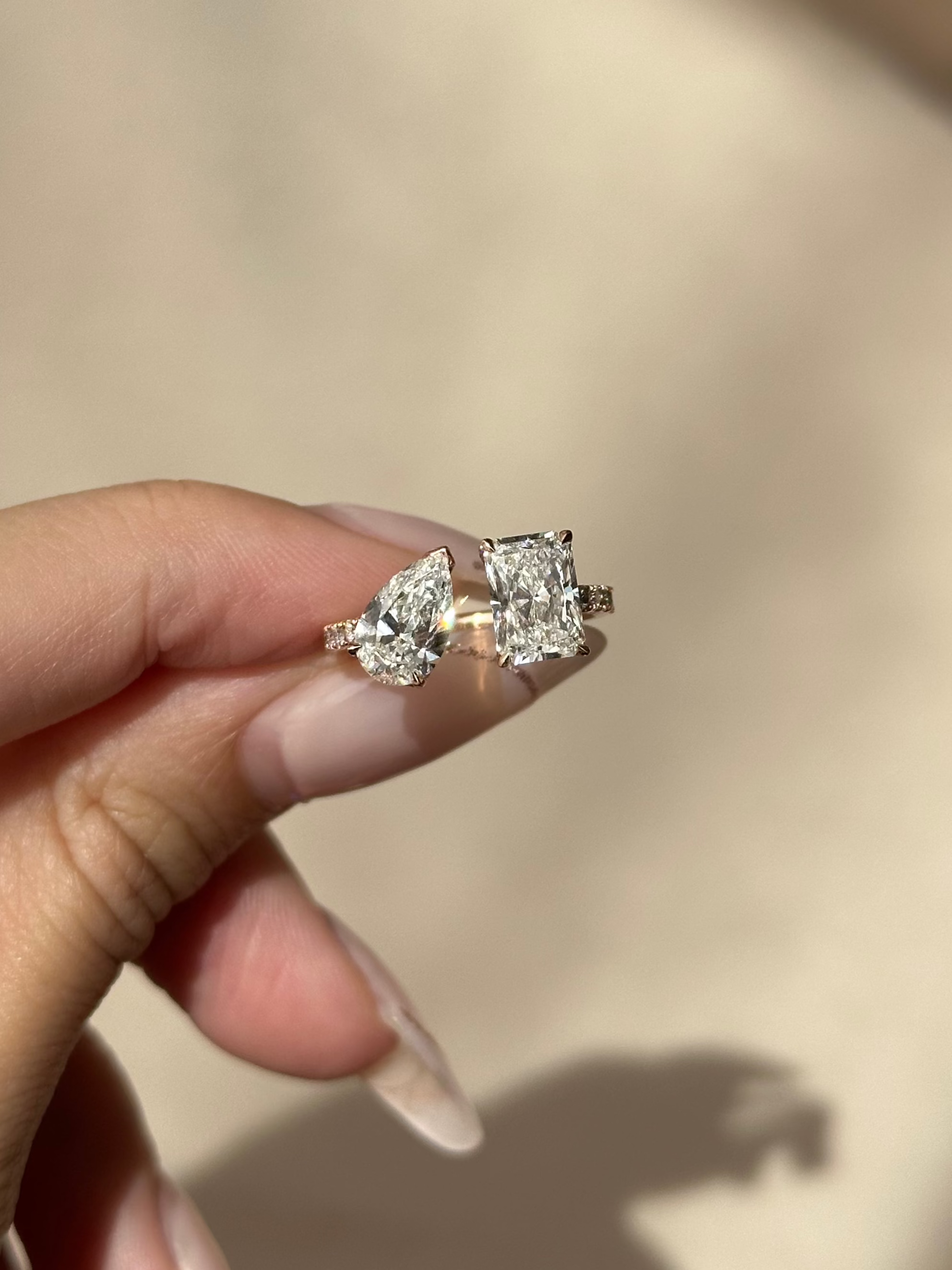 1 carat Pear & 1.4 carats Radiant Cuff Diamond Ring in Micro Pave Setting