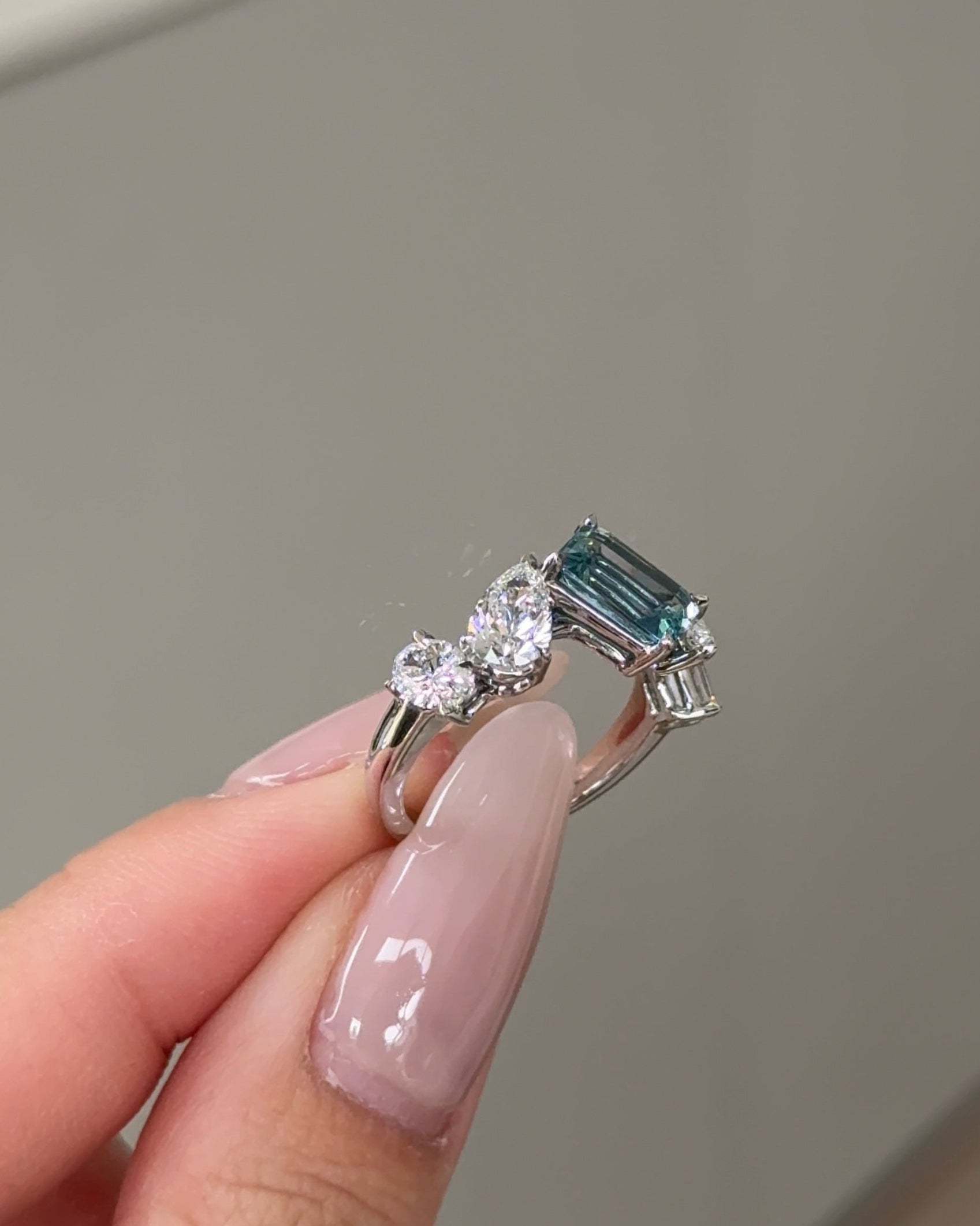 MILOS RING 1.25 carats Emerald cut Natural Santa Maria Aquamarine and 5 Stone Mixed Fancy Diamond Ring