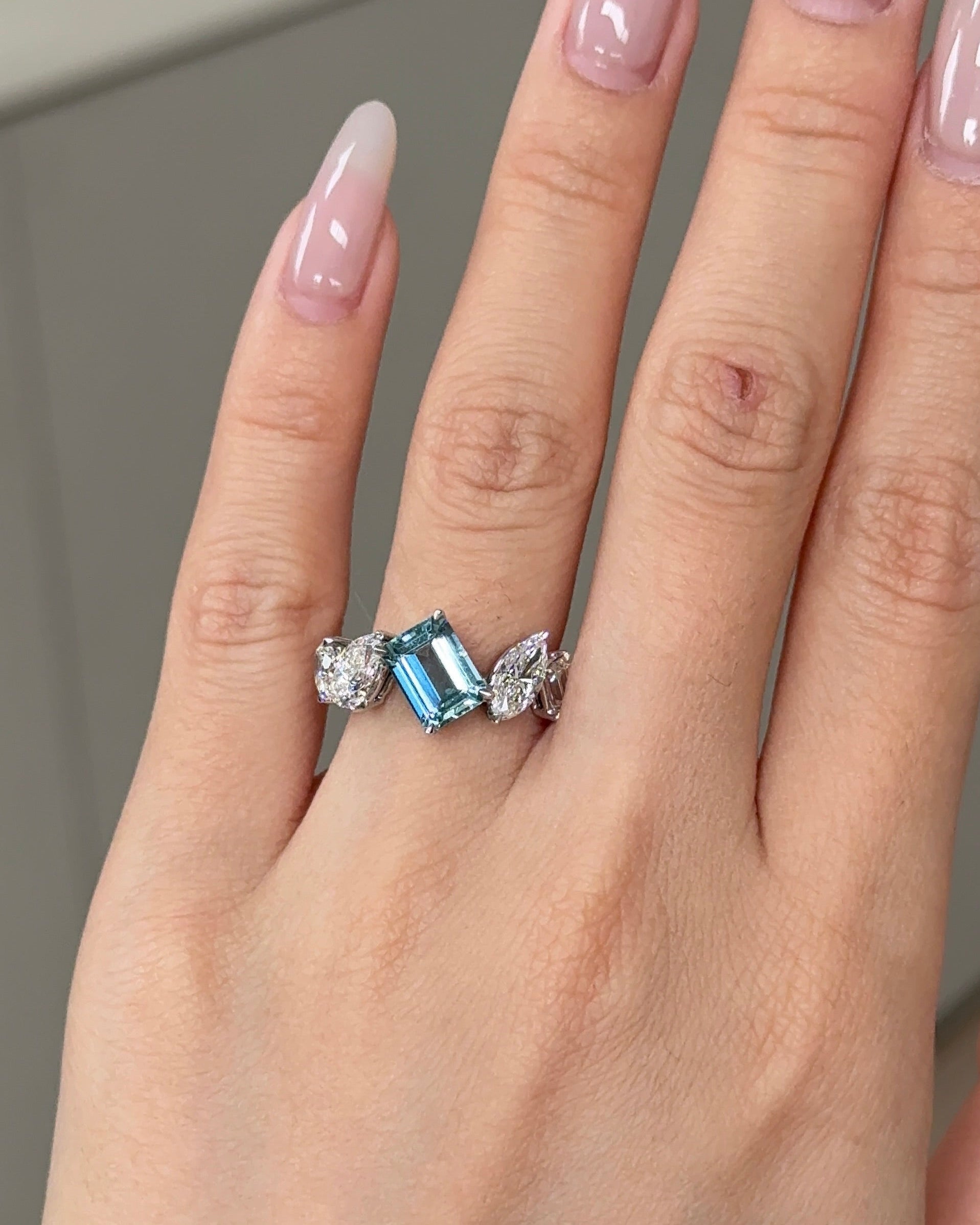 MILOS RING 1.25 carats Emerald cut Natural Santa Maria Aquamarine and 5 Stone Mixed Fancy Diamond Ring