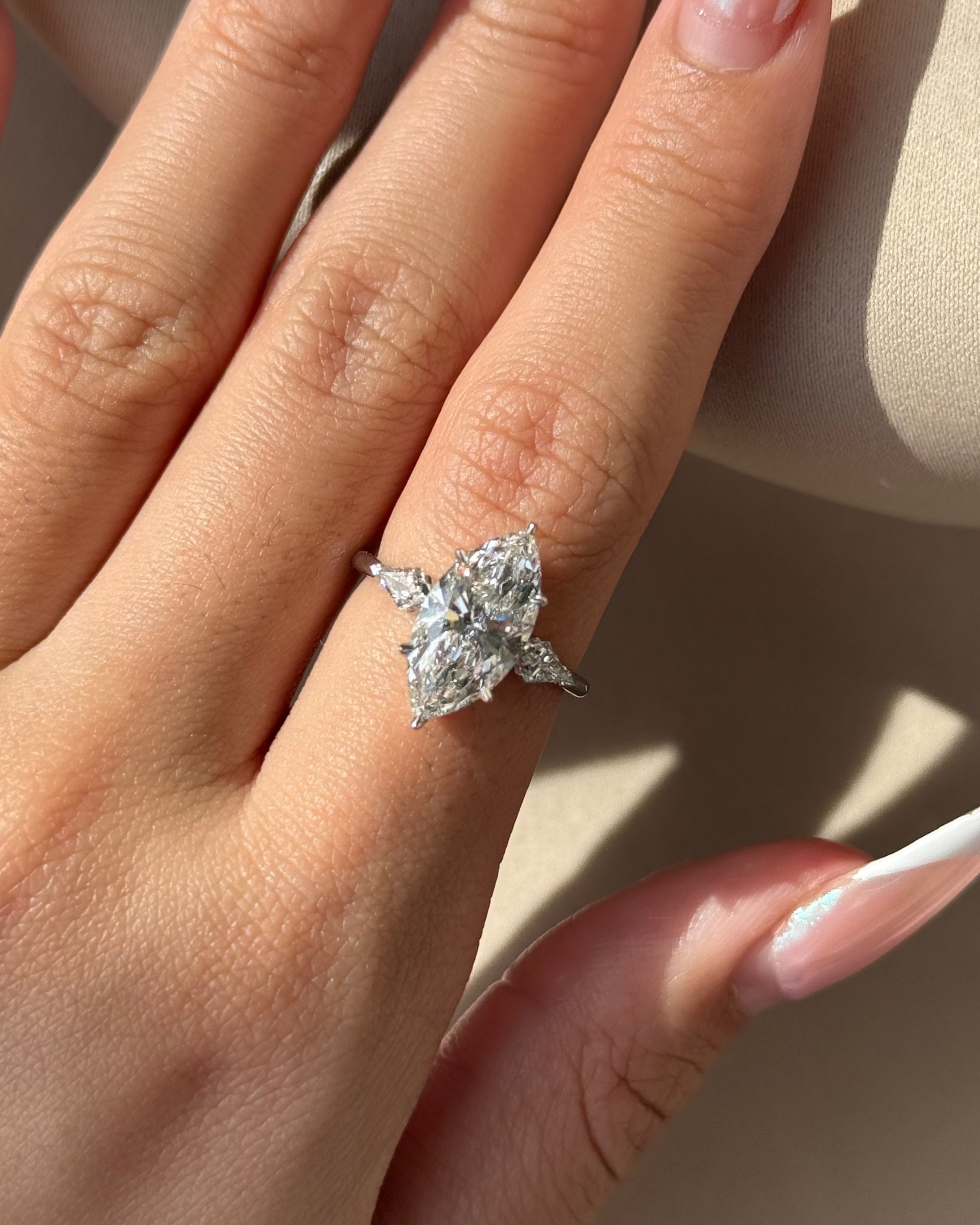 3 carats Marquise Cut Three Stone Diamond Ring with Kite Cut Side Stones