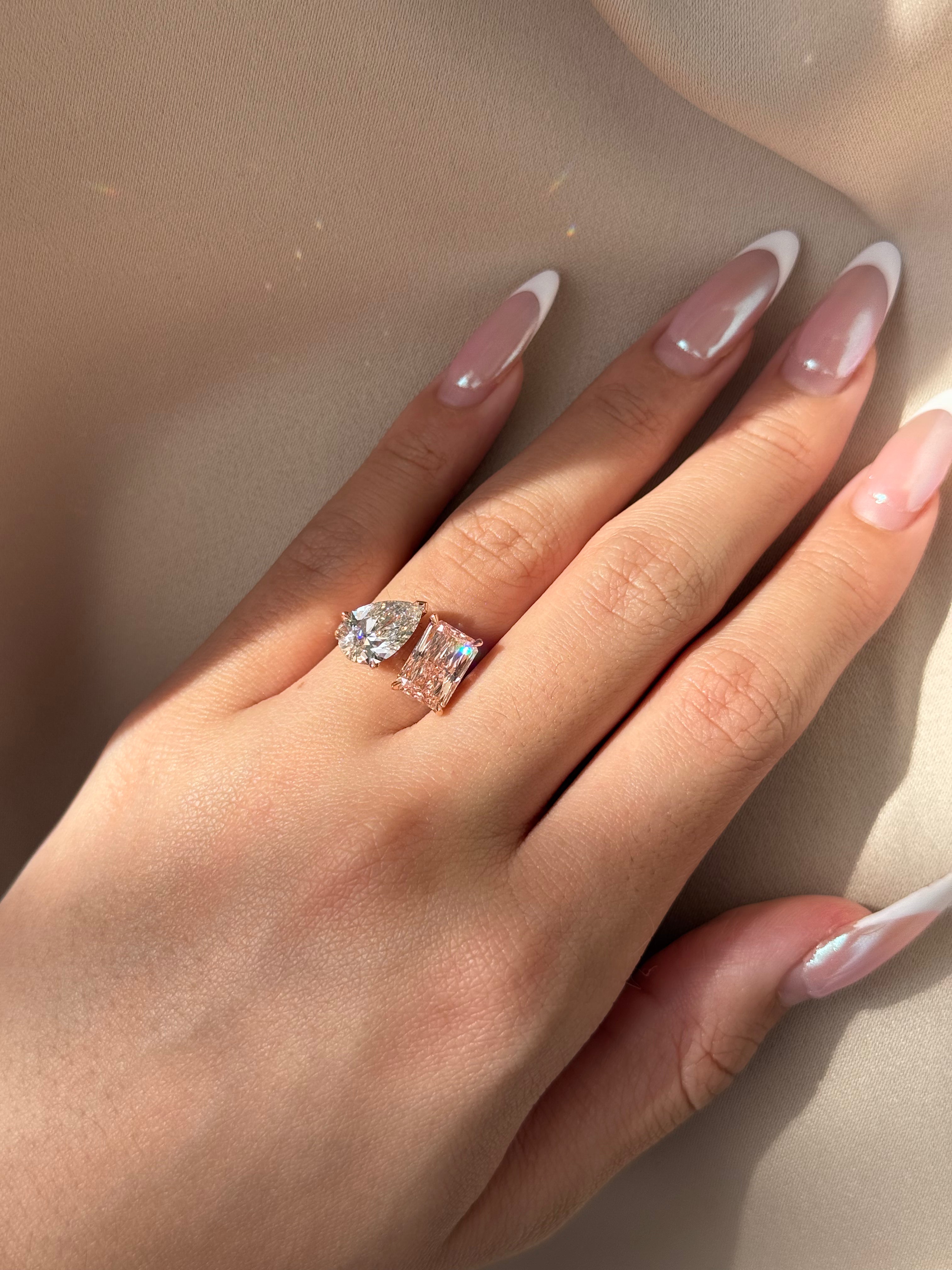Vivid Pink Radiant and Pear Cut Diamond Cuff Ring