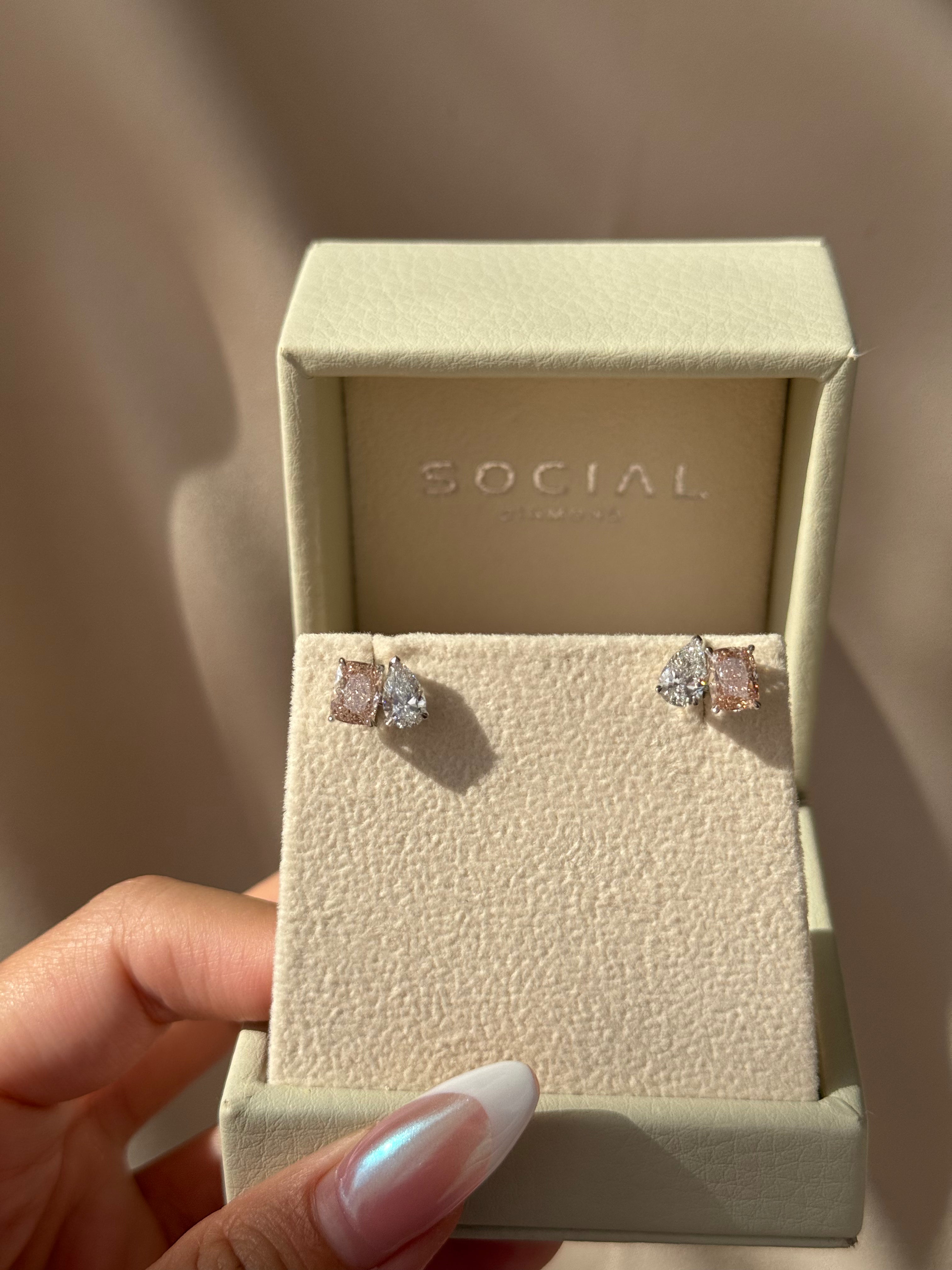 Pink Cushion cut and Pear Cut Diamond Toi Et Moi Earring