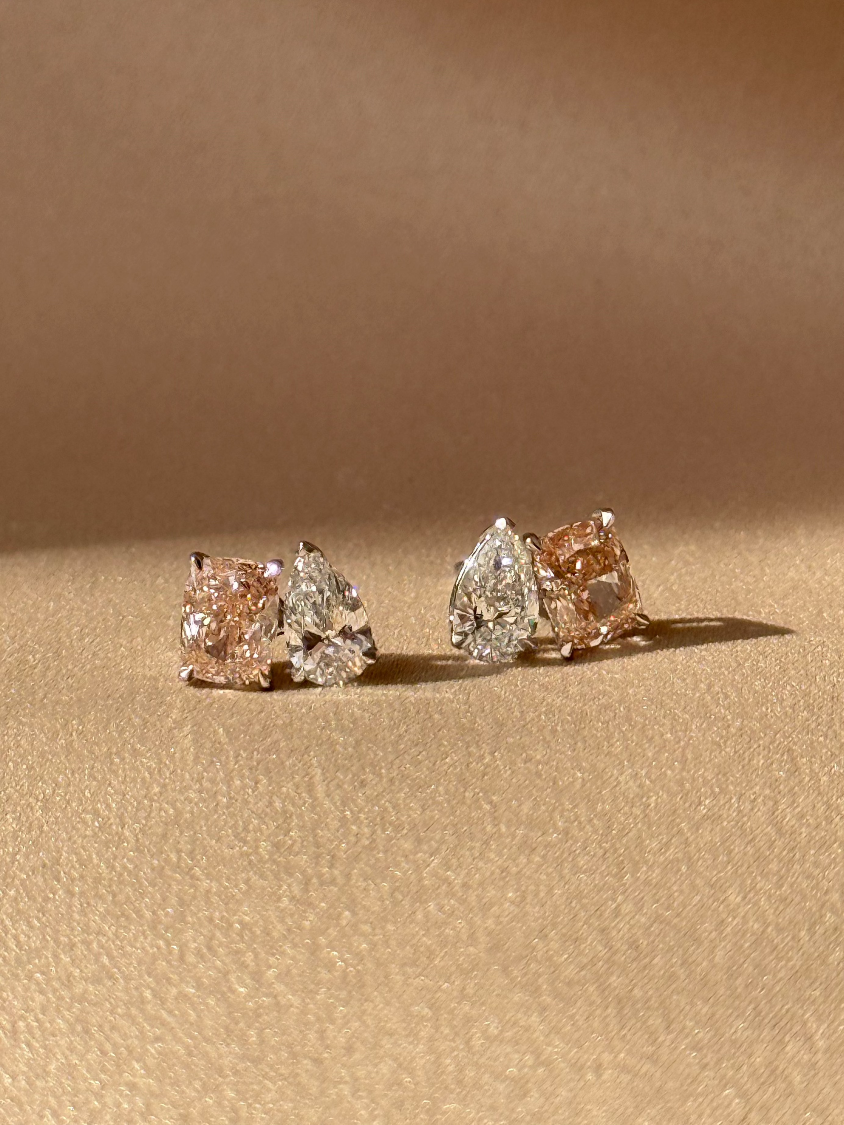 Pink Cushion cut and Pear Cut Diamond Toi Et Moi Earring
