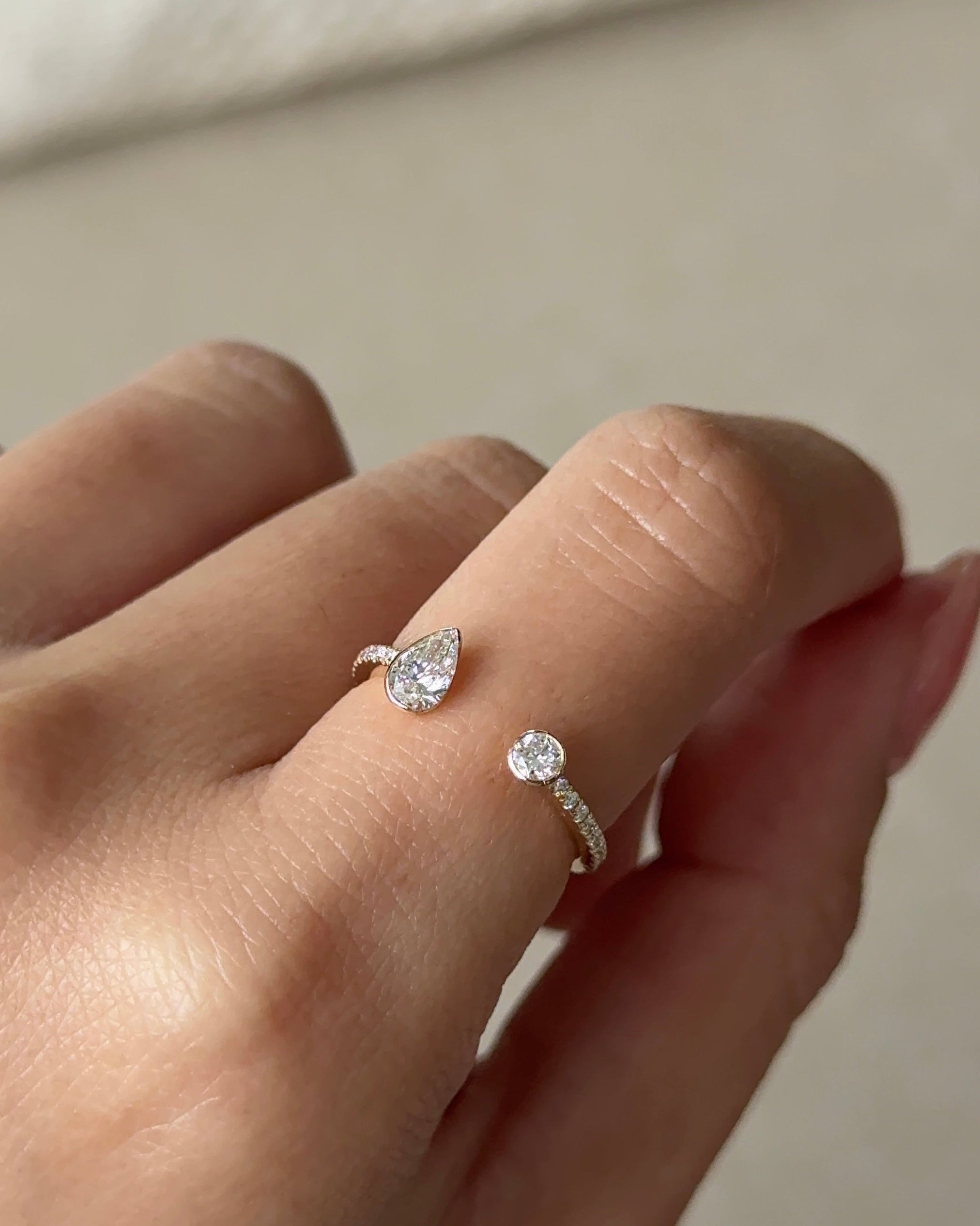 30 Pointer Pear and 10 Pointer Round cut Diamond Bezel Arc Cuff Ring