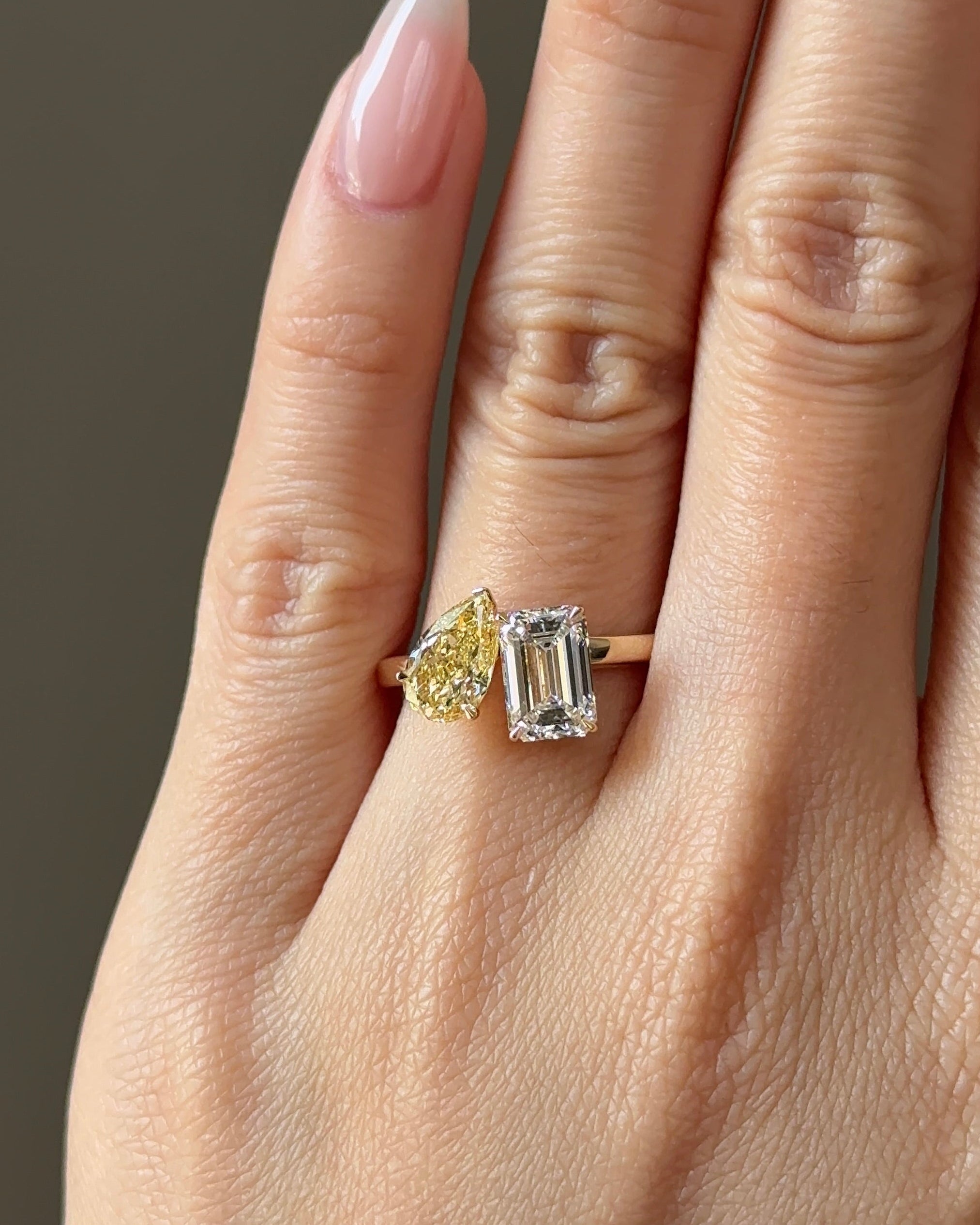 The Reserve 1 Carat Fancy Yellow Pear and 1.5 Carat Emerald Cut Diamond with Cigar Band Cuff Ring