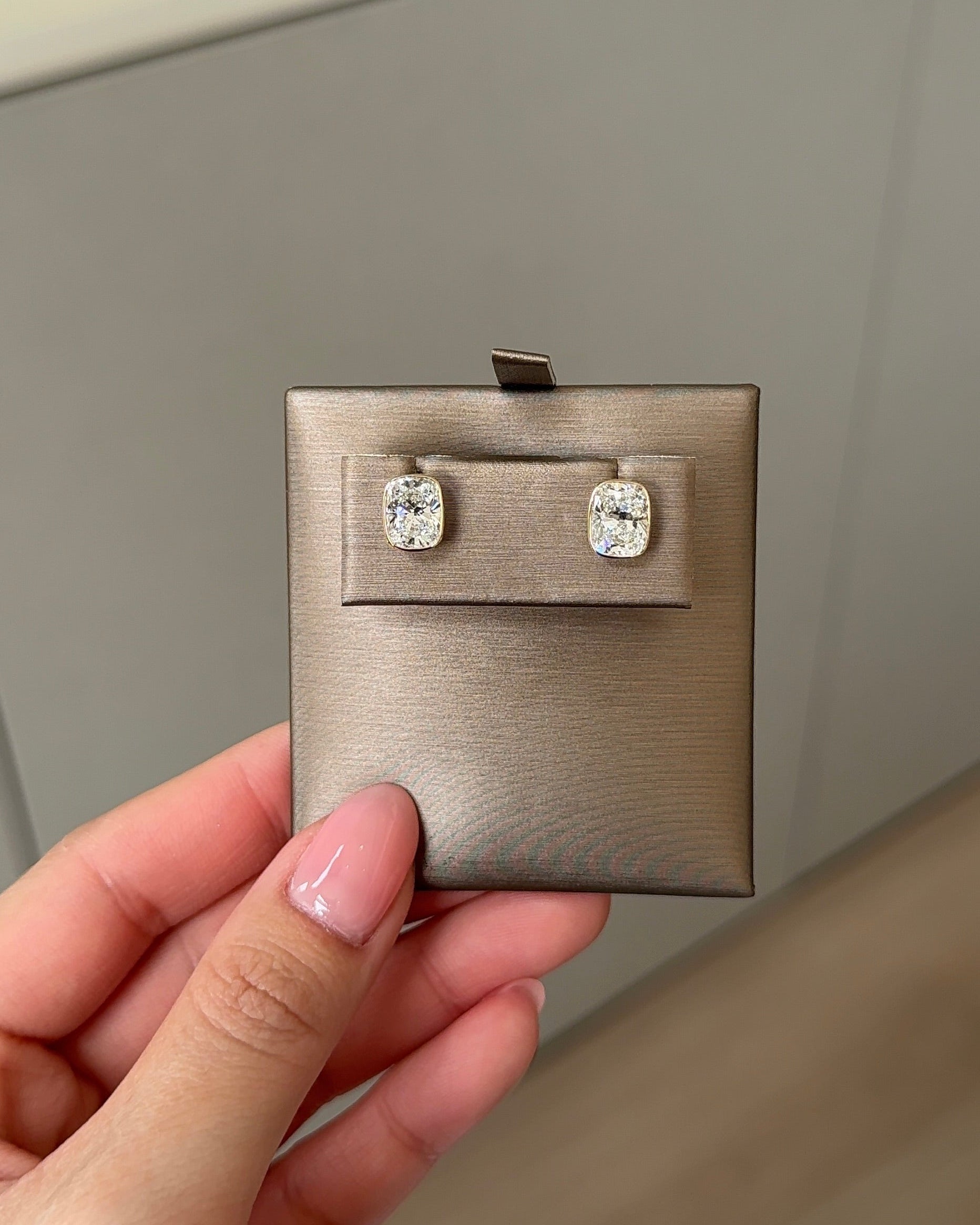 1.5 Carat Cushion Diamond Stud Earrings in Bezel Petite Setting (with Comfort Fit Backing)