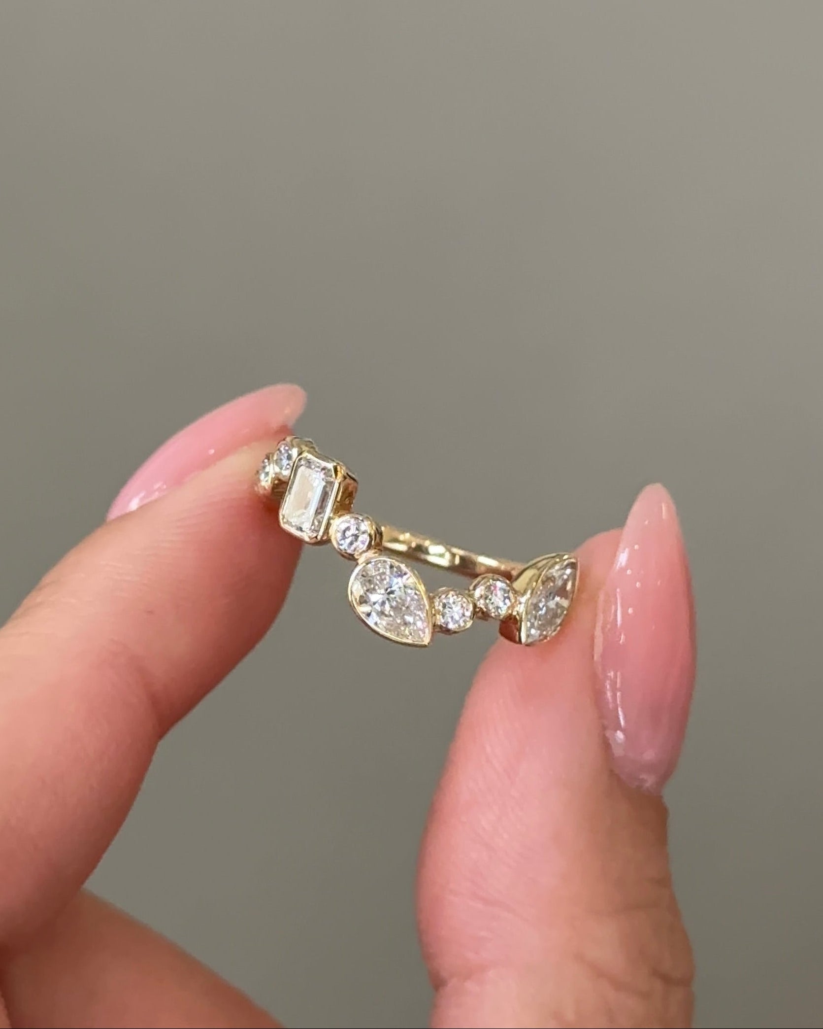 Mixed Fancy cut Diamond Arc Bezel Curvy Ring