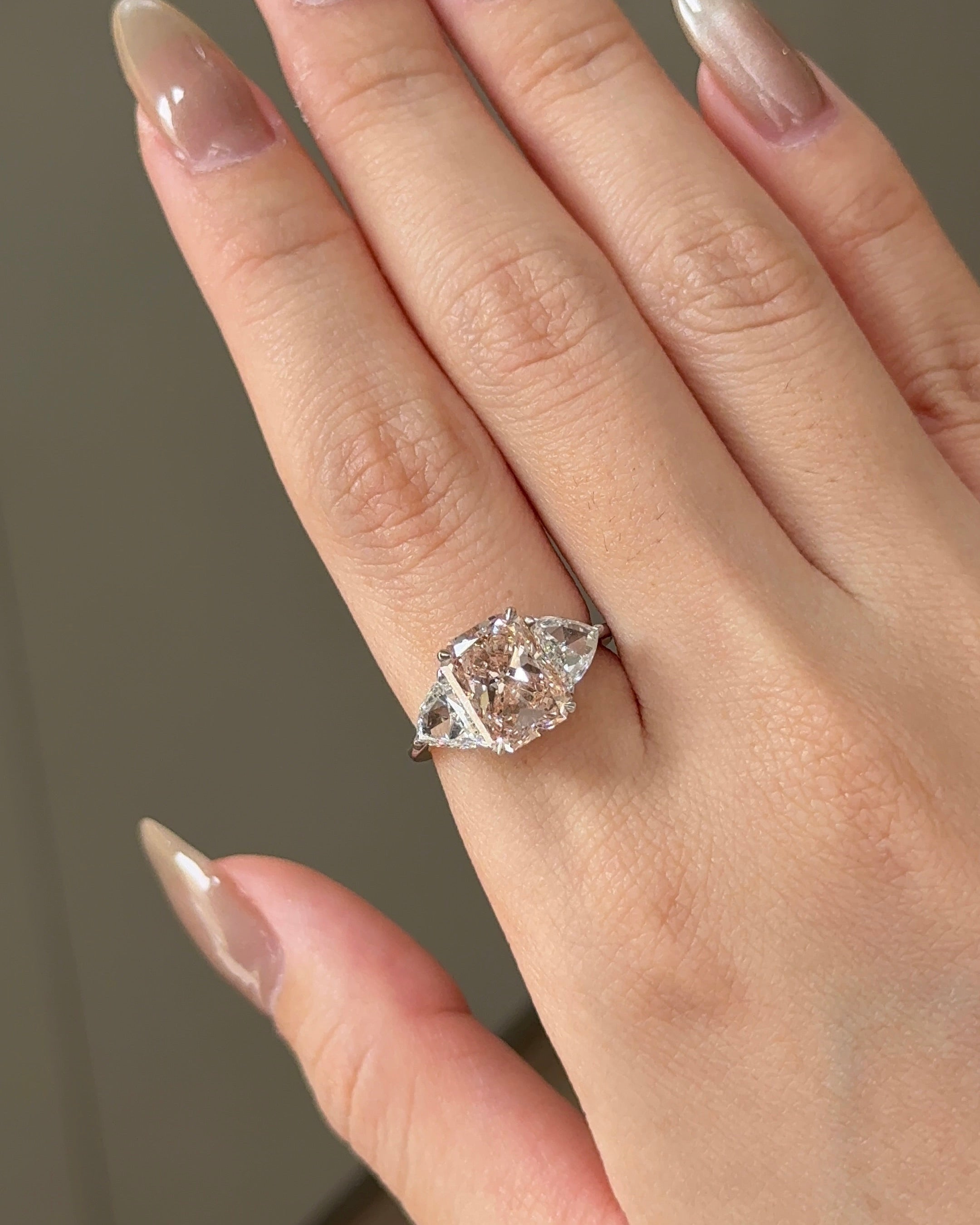 3 Carats Intense Pink Radiant Cut Three Stone Diamond Ring