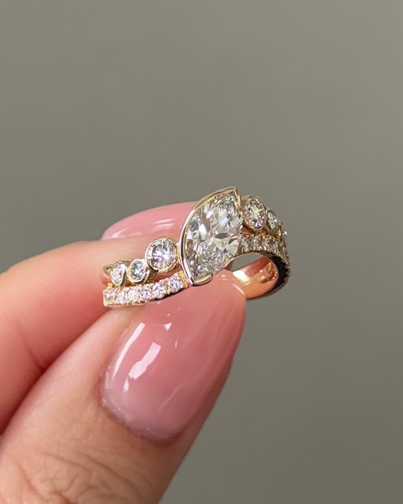 1 carats Marquise cut Diamond Bezel Arc Curvy Ring with Round Pave Accents