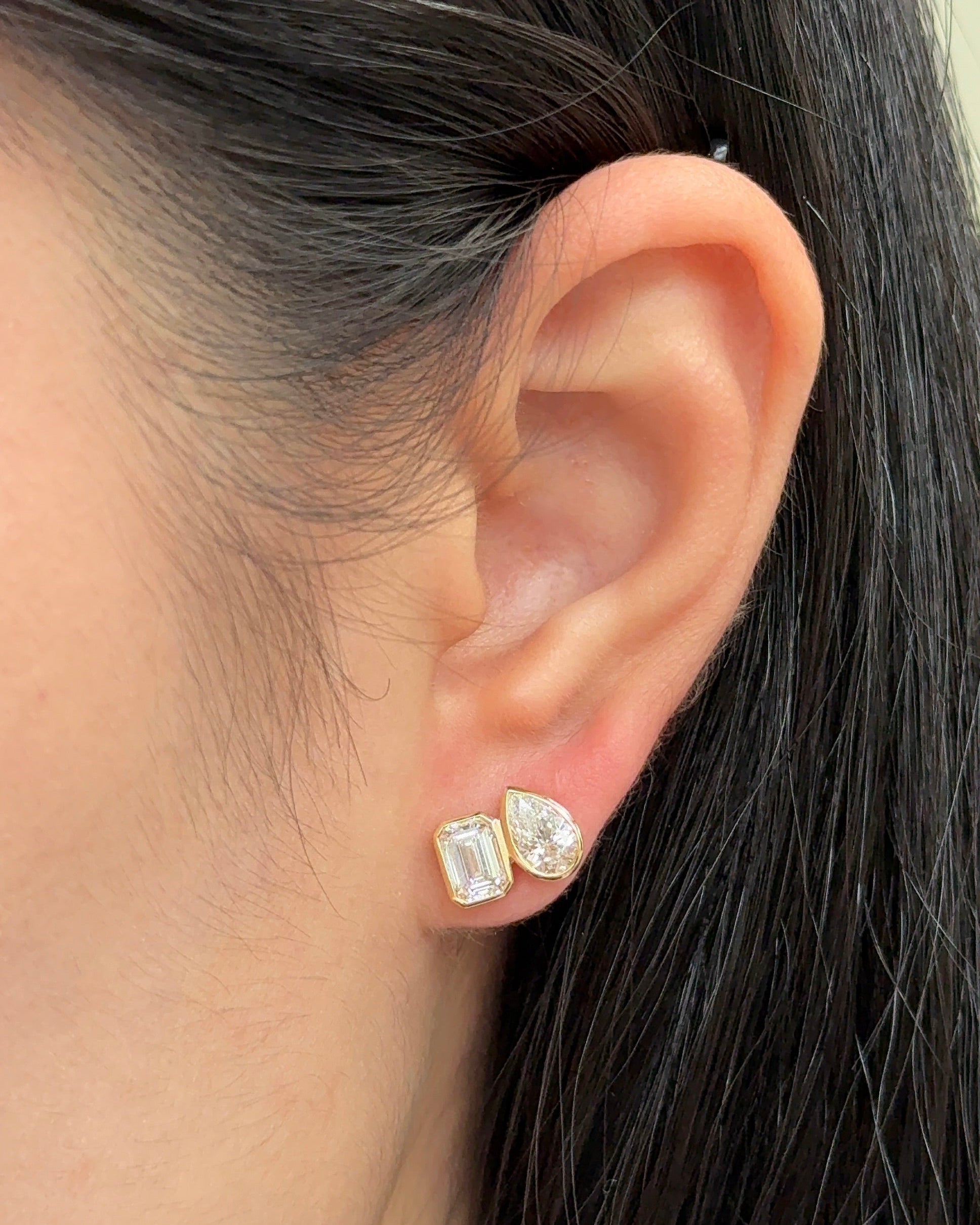 50 and 70 Pointer Emerald and Pear cut Diamond Toi Et Moi Stud Earrings in Bezel Petite Setting (with Comfort Fit Backing)