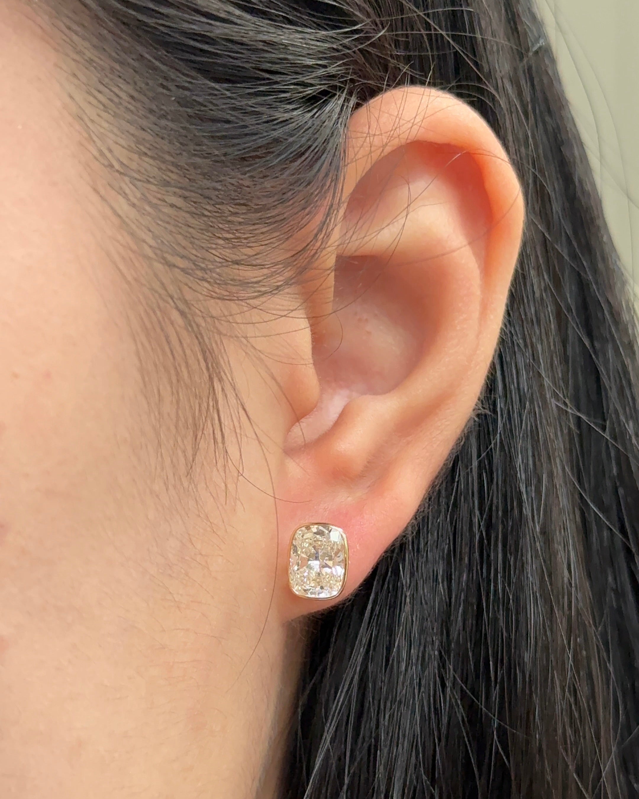 1.5 Carat Cushion Diamond Stud Earrings in Bezel Petite Setting (with Comfort Fit Backing)