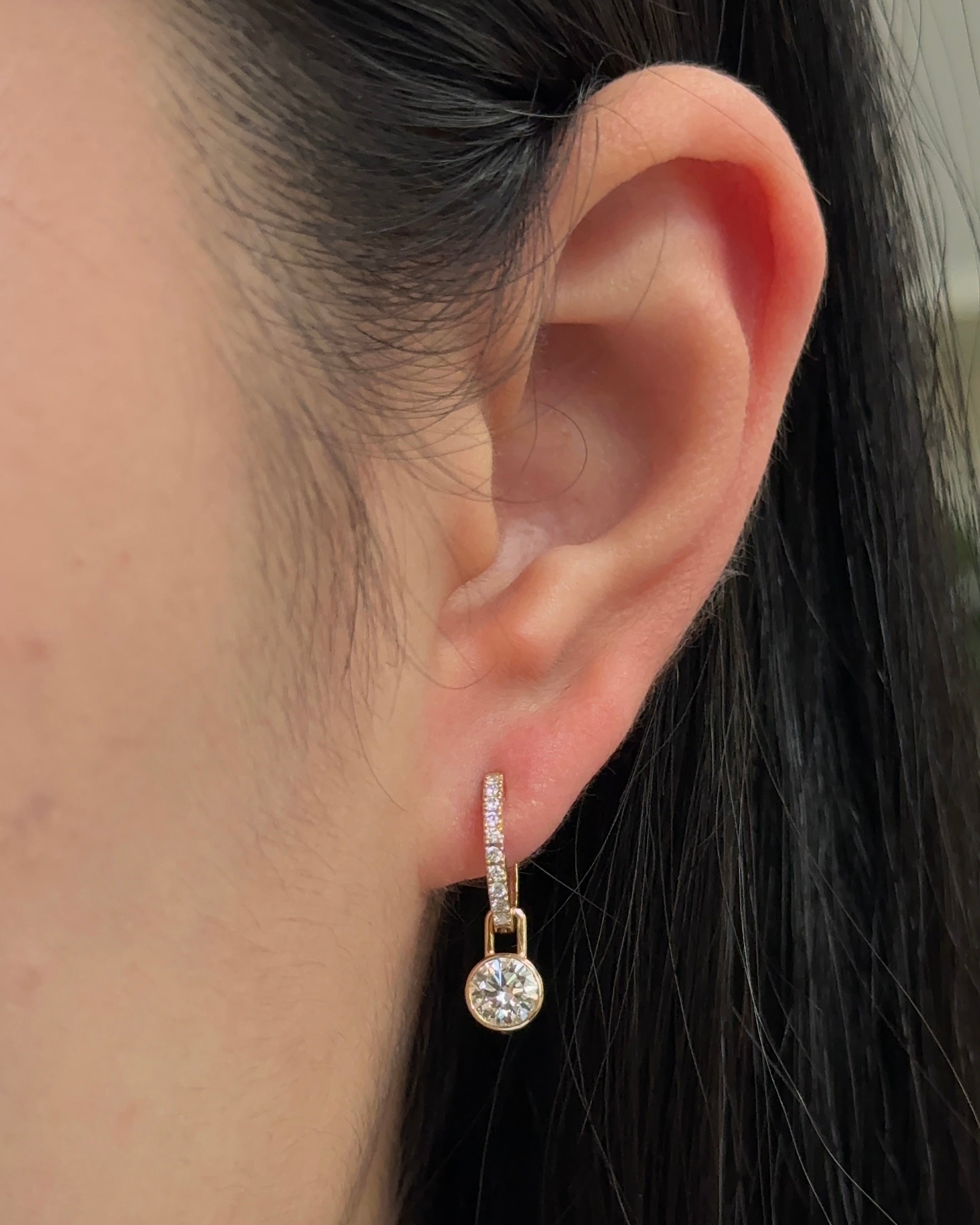 50 Pointer Round Diamond Bezel Flow Droplet with Diamond Pave Huggies Earrings