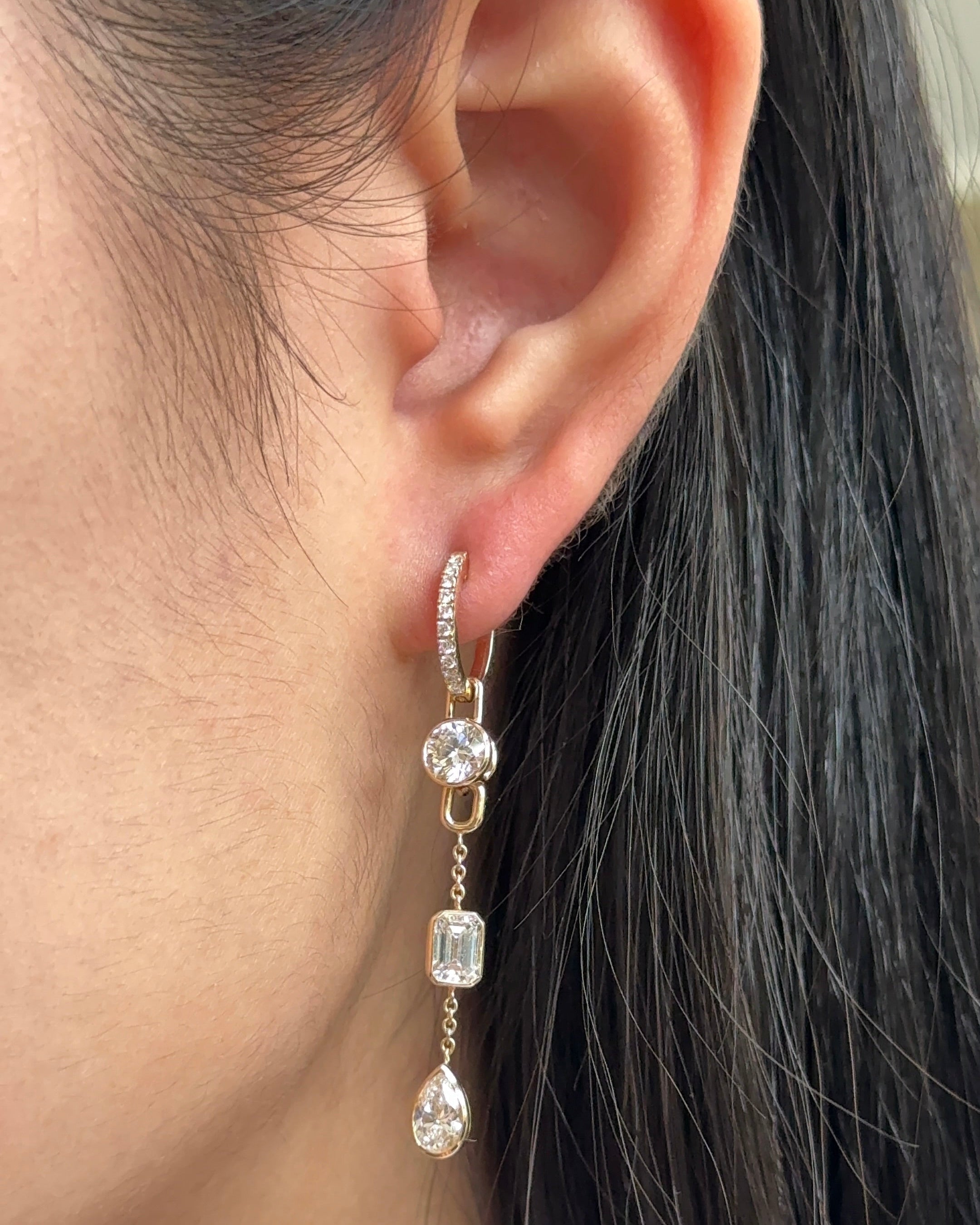 50 Pointer Round Diamond Bezel Flow Droplet with Diamond Pave Huggies and Dangling Earrings Set