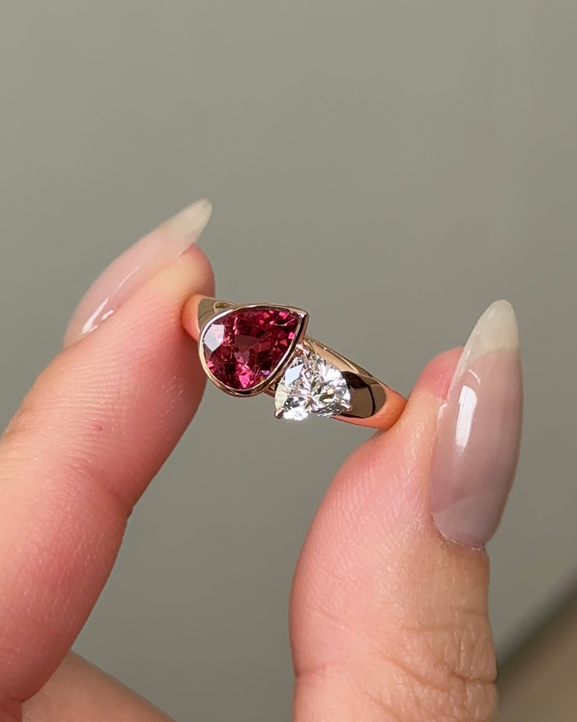 The Reserve II 1 carat Natural Pink Tourmaline Pear Cut & 50 Pointer Heart cut Diamond Toi et Moi Chunky Ring