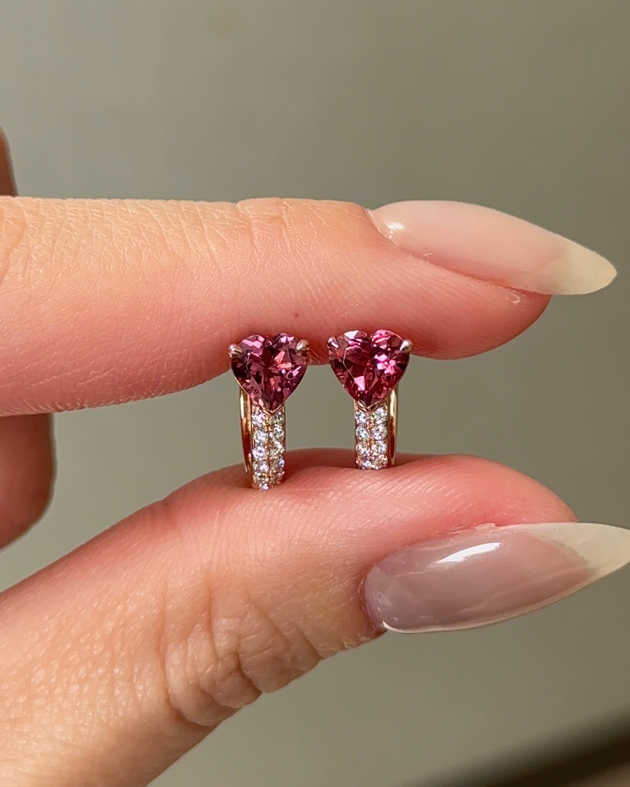 The Reserve II 60 Pointer Natural Pink Tourmaline Heart Cut Glitter Pave Huggie Earrings