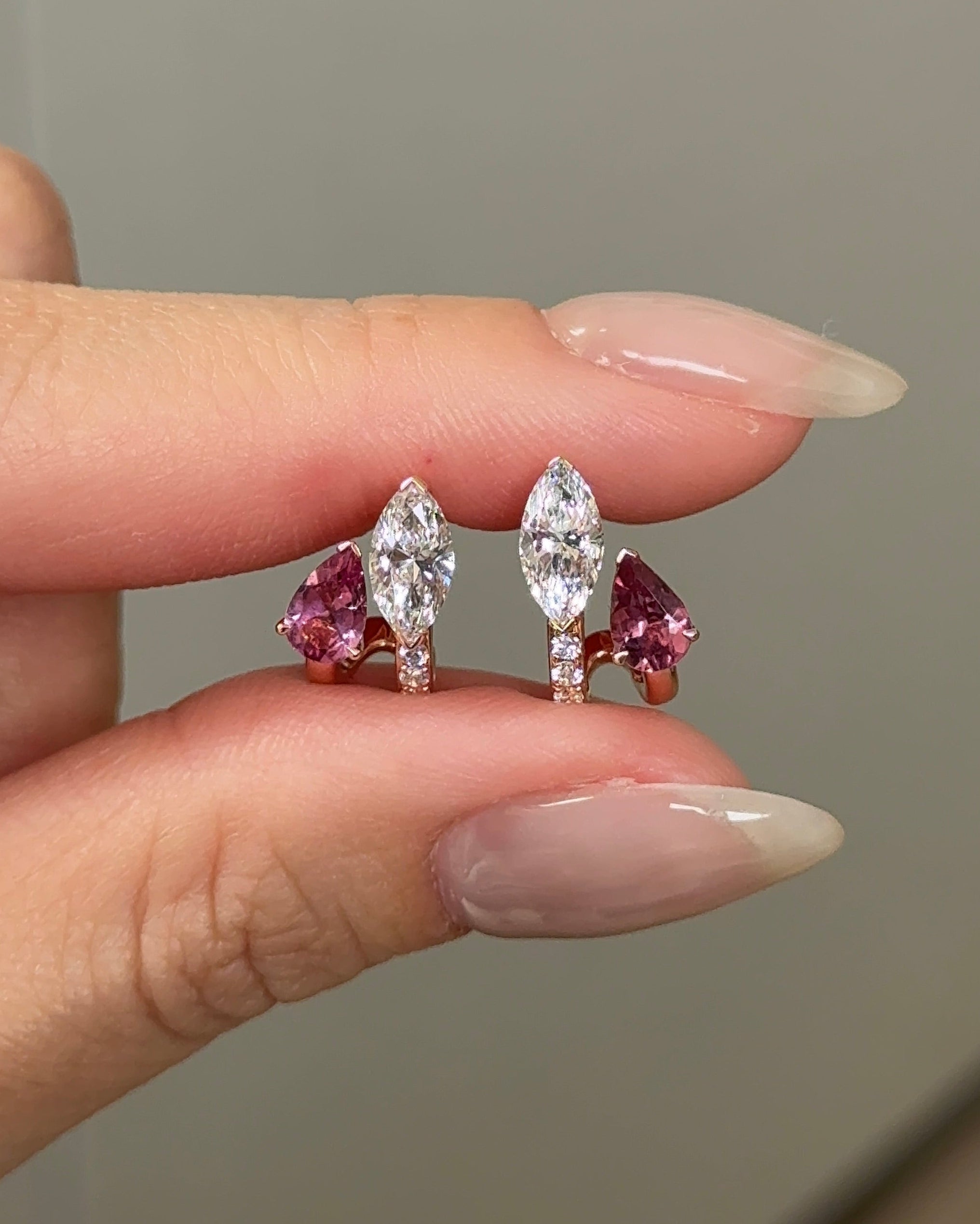 The Reserve II 30 Pointer Natural Pink Tourmaline & 50 Pointer Marquise Cut Diamond Two Row Earrings