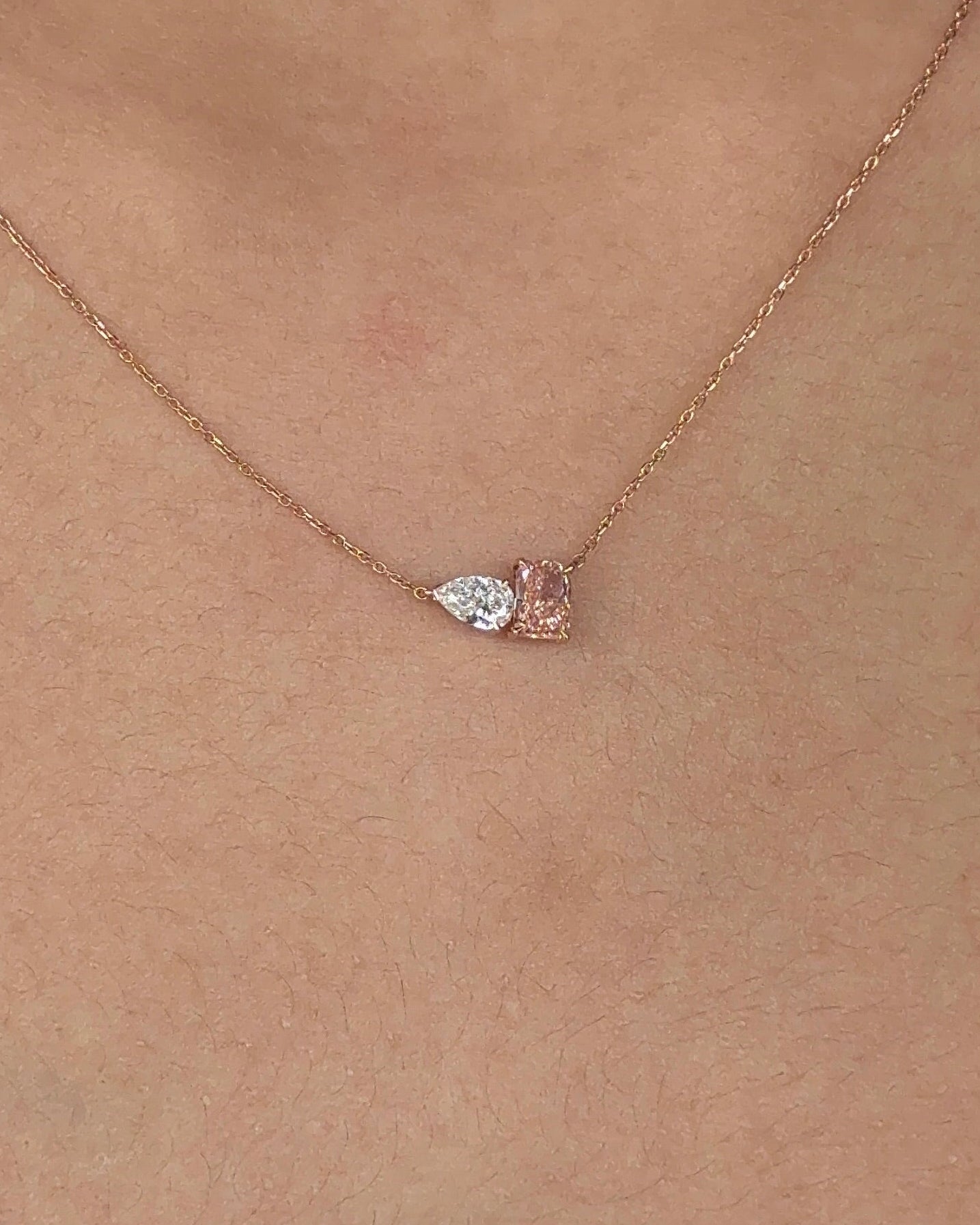 The Reserve II 50 Pointer Fancy Vivid Pink Radiant & 30 Pointer Pear Cut Diamond Toi Et Moi Pendant Necklace