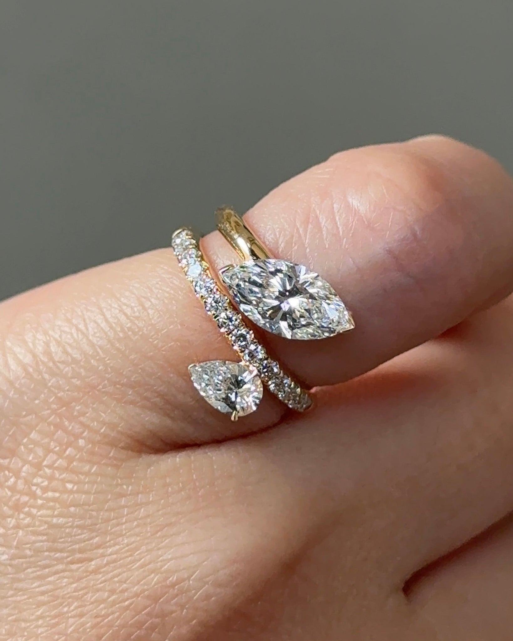 1 carats Marquise and 30 Pointer Pear cut Diamond Spiral Pavé Pinky Ring