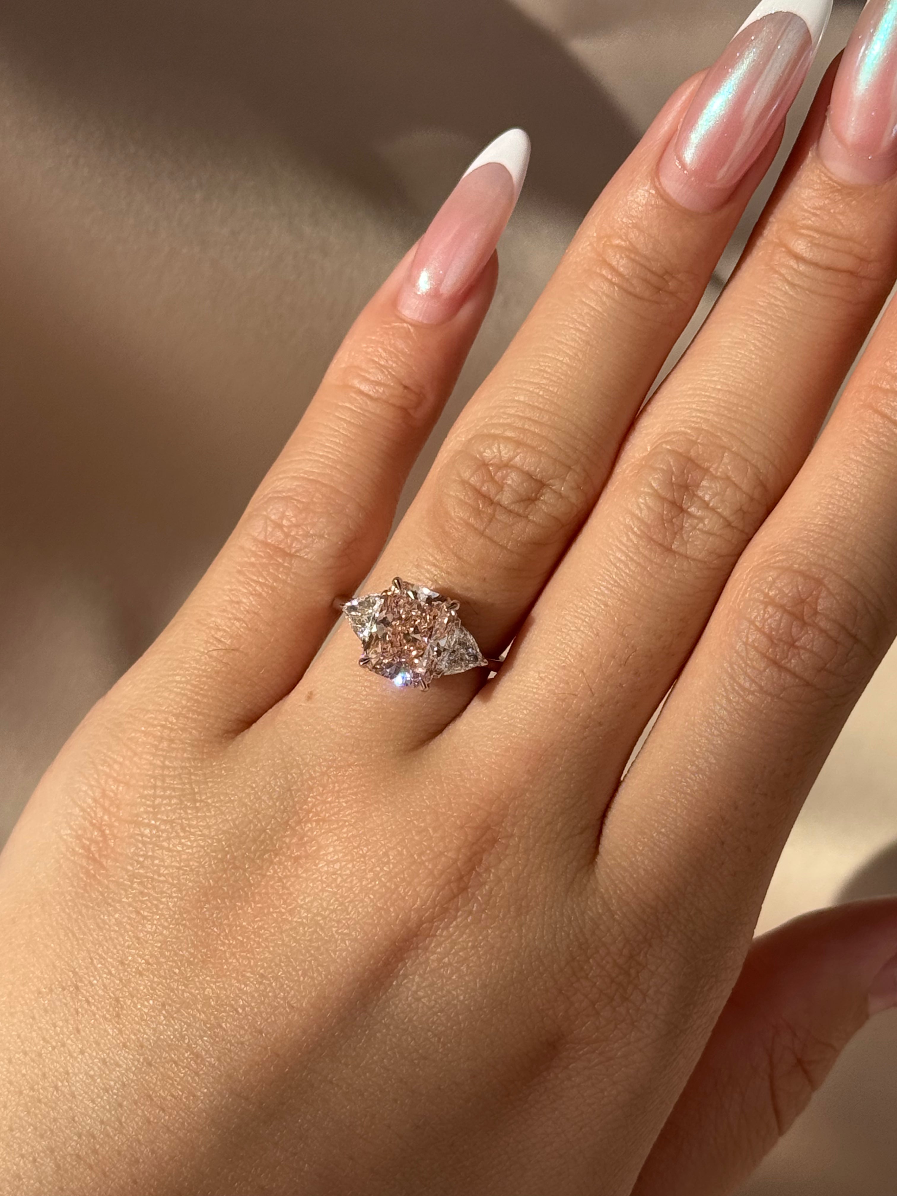 3 Carats Vivid Light Pink Radiant Cut Three Stone Diamond Ring