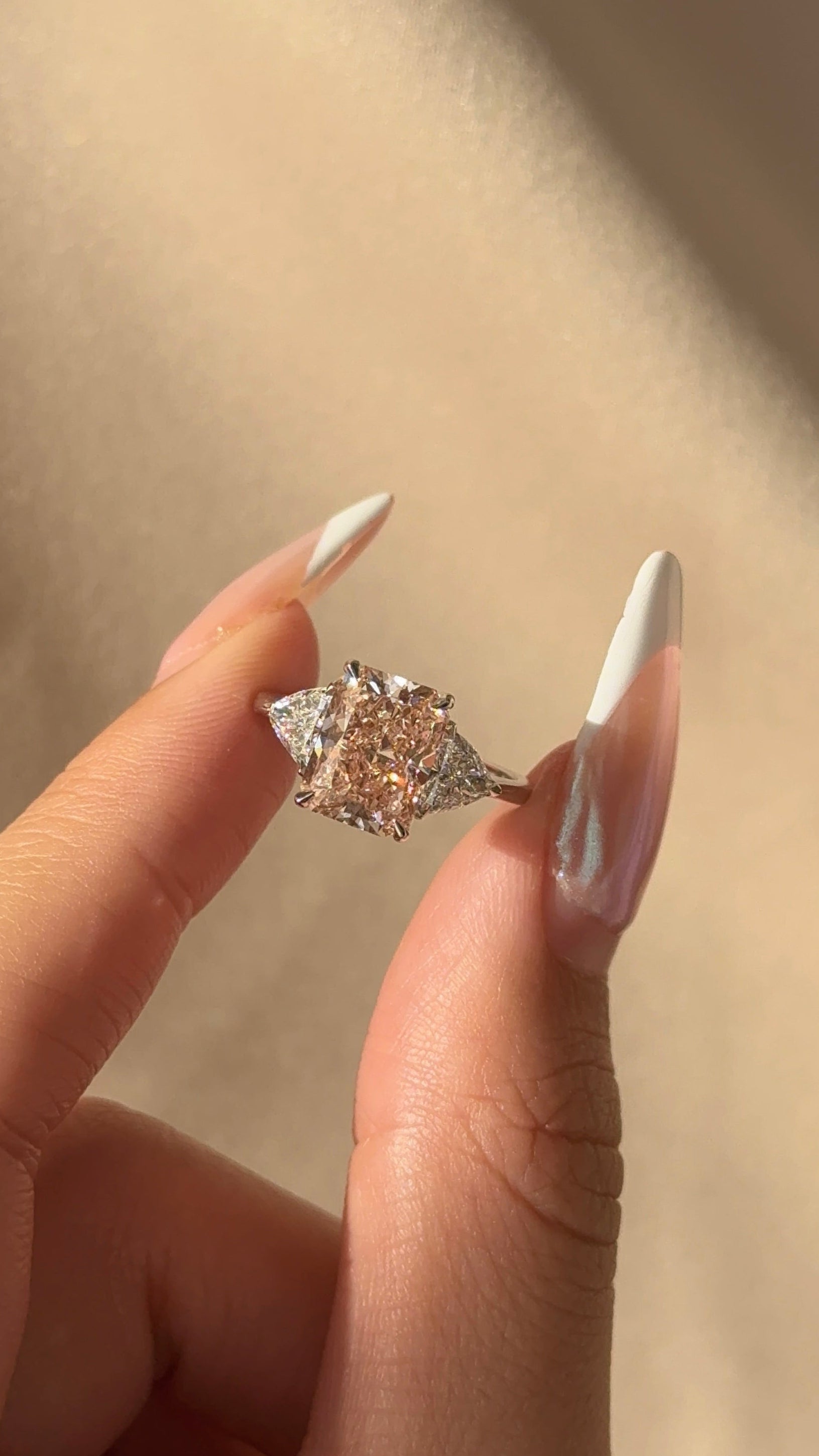 3 Carats Vivid Light Pink Radiant Cut Three Stone Diamond Ring