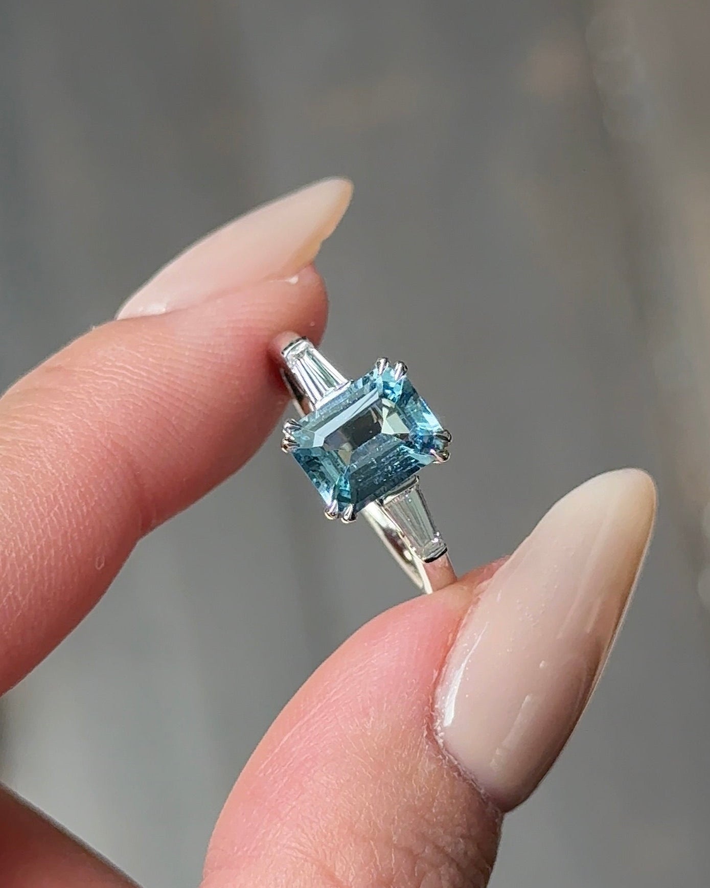 MYRA RING 1.56 carats Emerald cut Natural Santa Maria Aquamarine Solitaire Ring with Side Stones