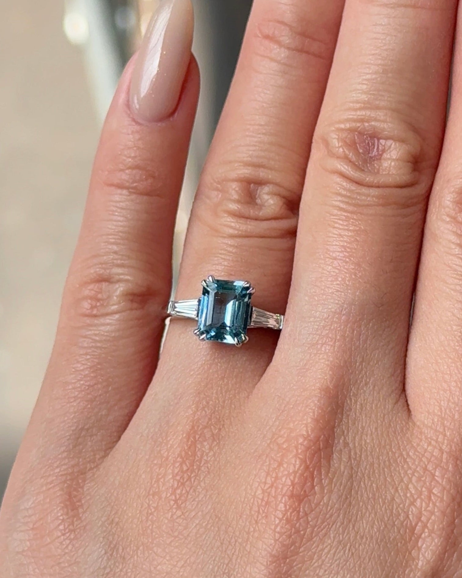 MYRA RING 1.56 carats Emerald cut Natural Santa Maria Aquamarine Solitaire Ring with Side Stones