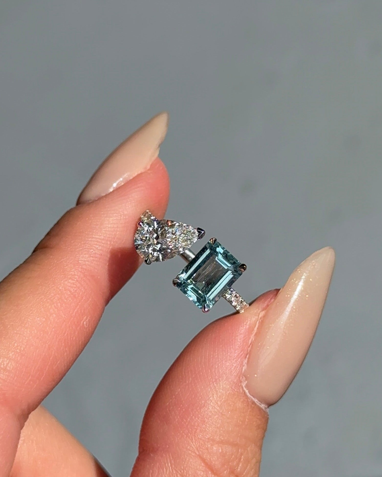 1.36 carats Emerald cut Natural Santa Maria Aquamarine and 1 carats Pear cut Diamond Micro Pave Cuff Ring