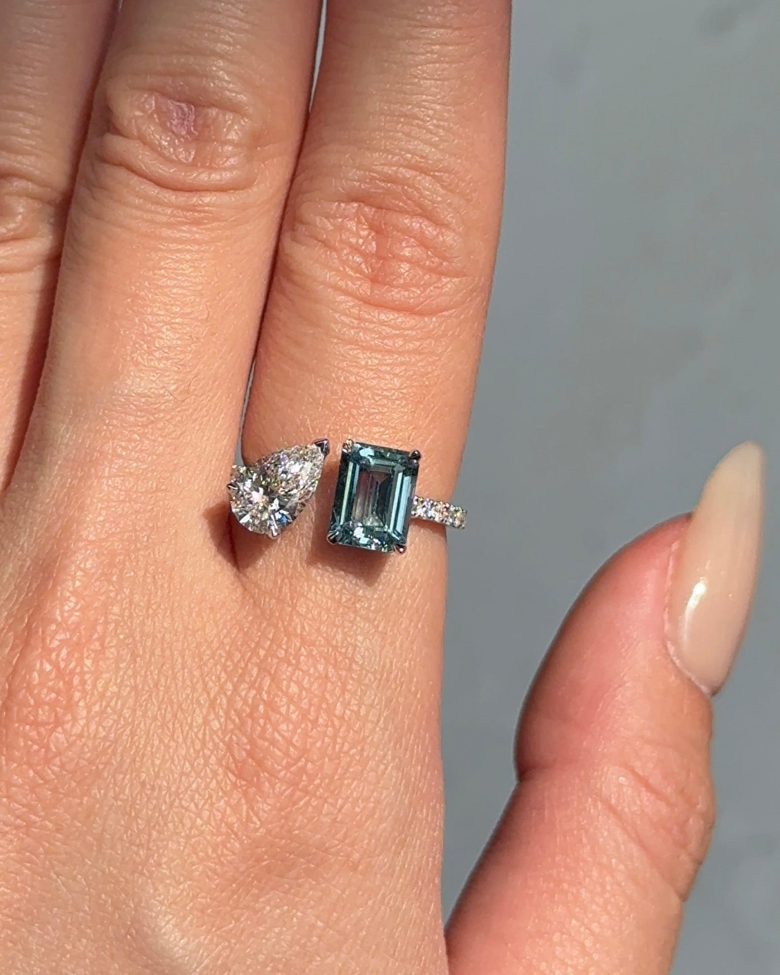 1.36 carats Emerald cut Natural Santa Maria Aquamarine and 1 carats Pear cut Diamond Micro Pave Cuff Ring