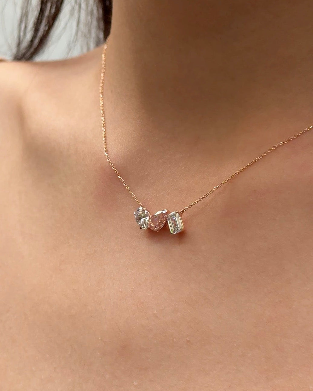 The Reserve II 70 Pointer Fancy Vivid Pink Pear Cut & 50 Pointer Mixed Fancy Three Stone Solitaire Pendant Necklace