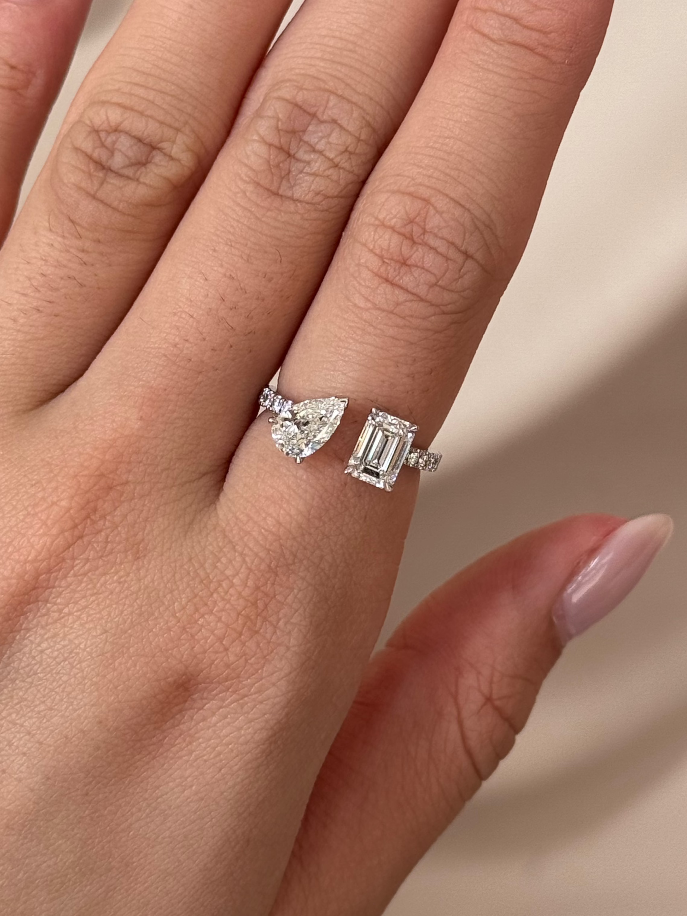 Emerald Cut and Pear Cut Diamond Cuff Ring with Micro Pave Setting