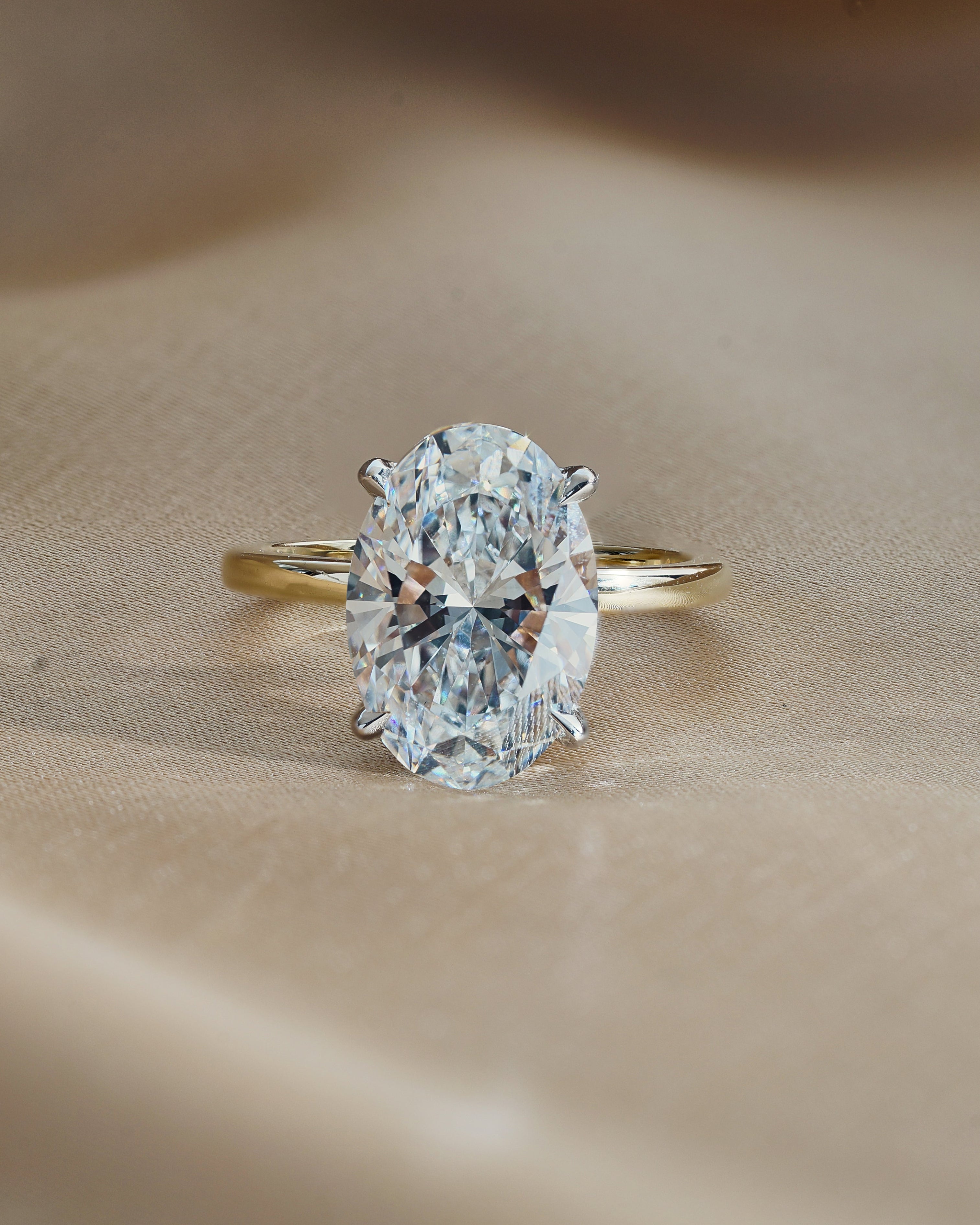 ANIRA Ring 4 Carats Oval Cut Diamond in Two Tone Solitaire Setting with Hidden Halo