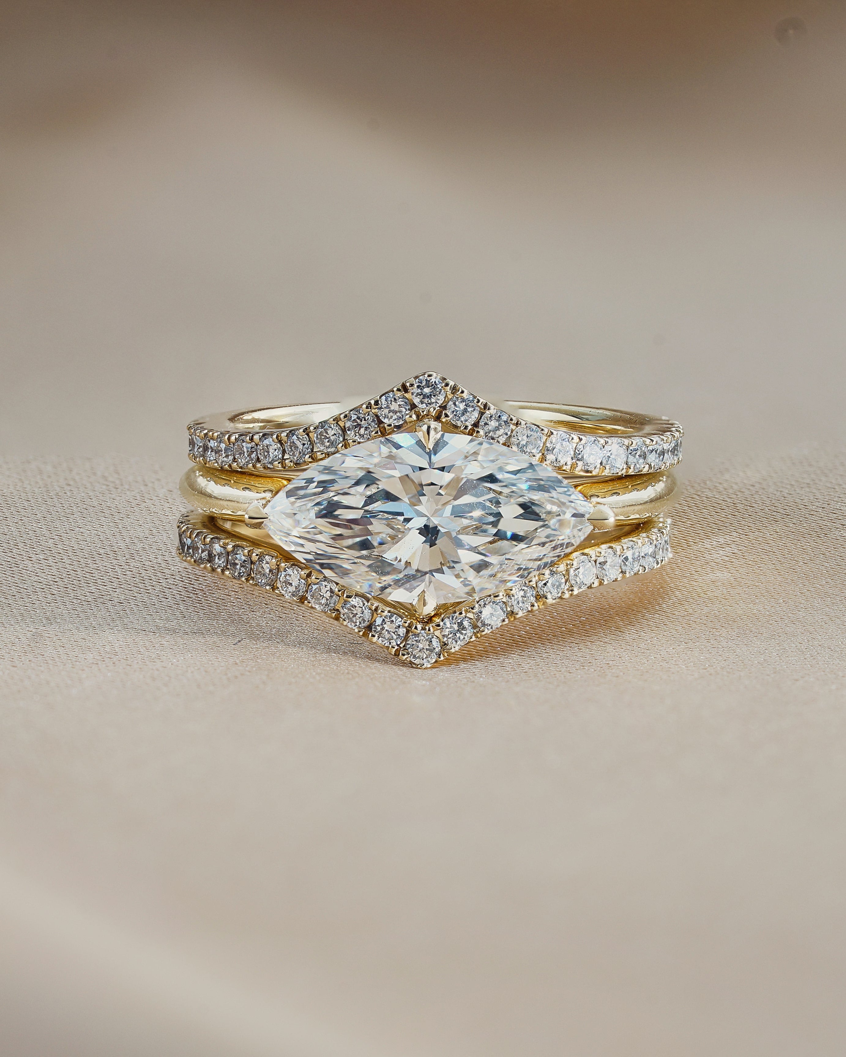 2 carats Marquise cut Diamond Ring in East West Setting with Double Pave Band Stack