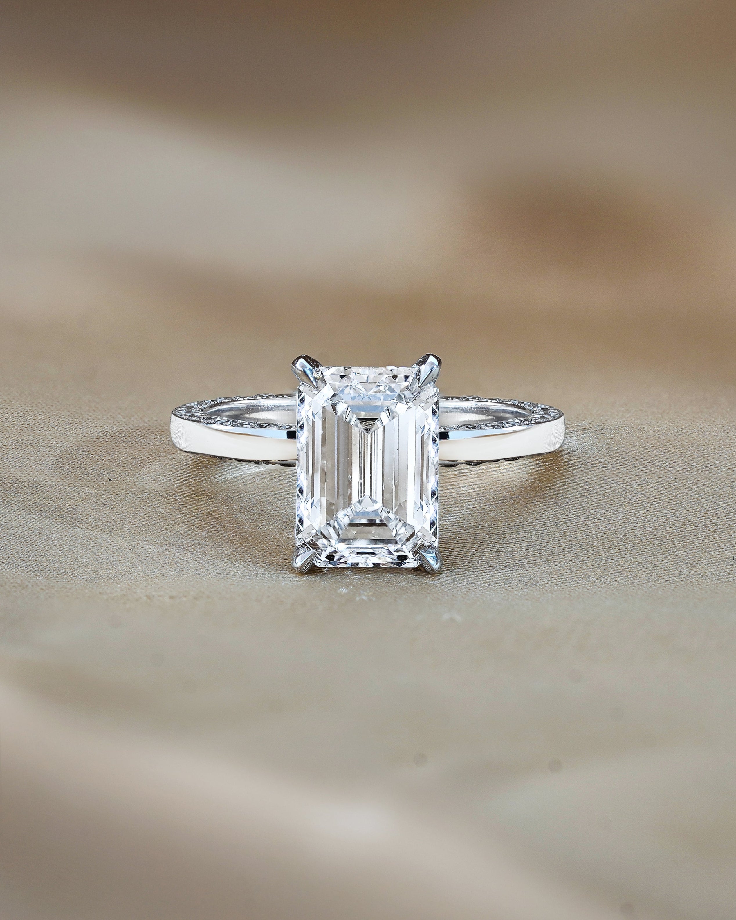3 carats Emerald Cut Diamond With Two Sided Pave Ring