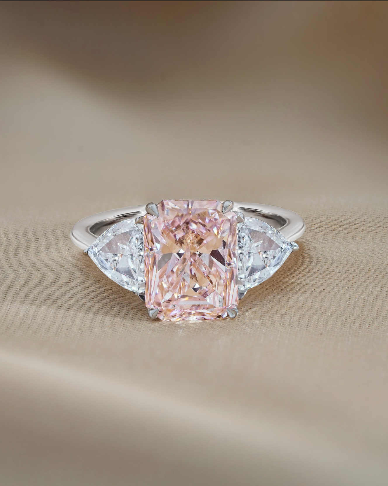 3 Carats Intense Pink Radiant Cut Three Stone Diamond Ring